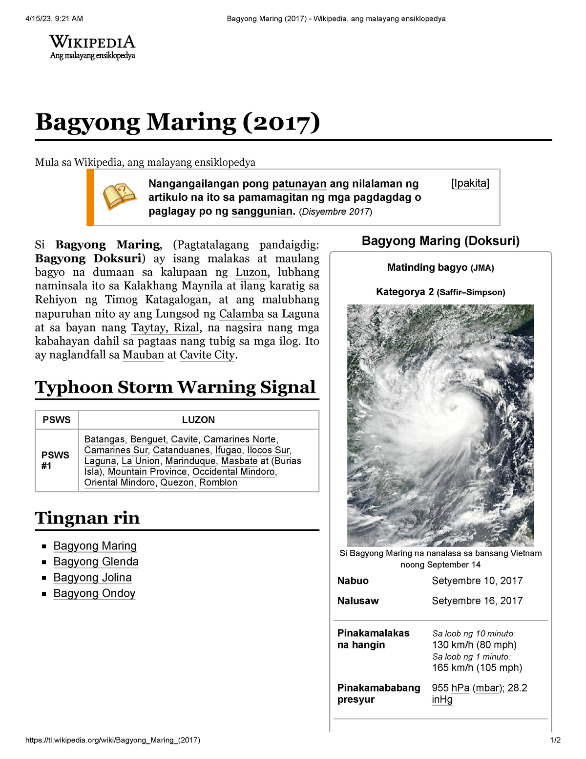 Bagyong Maring (2017 ) - Wikipedia, Ang Malayang Ensiklopedya - 4/15/23 ...