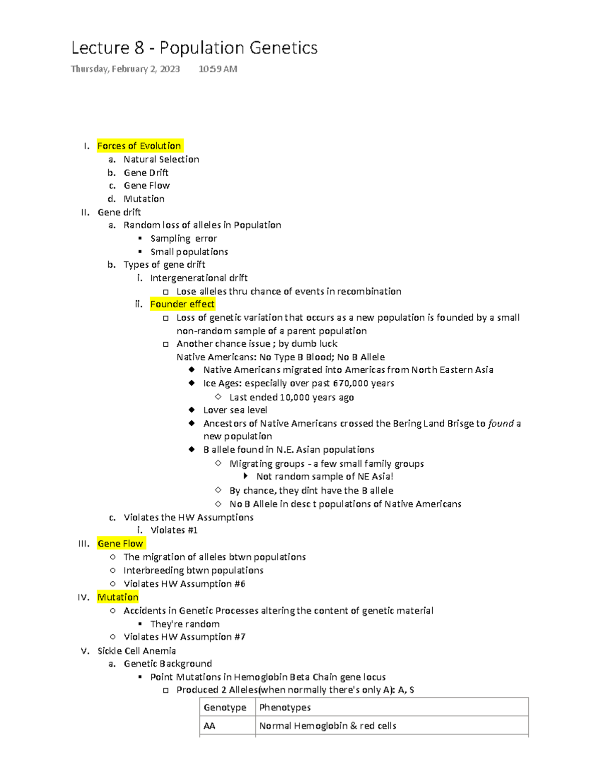 Anthro 2B - Population Genetics Notes - Forces Of Evolution A. Natural ...