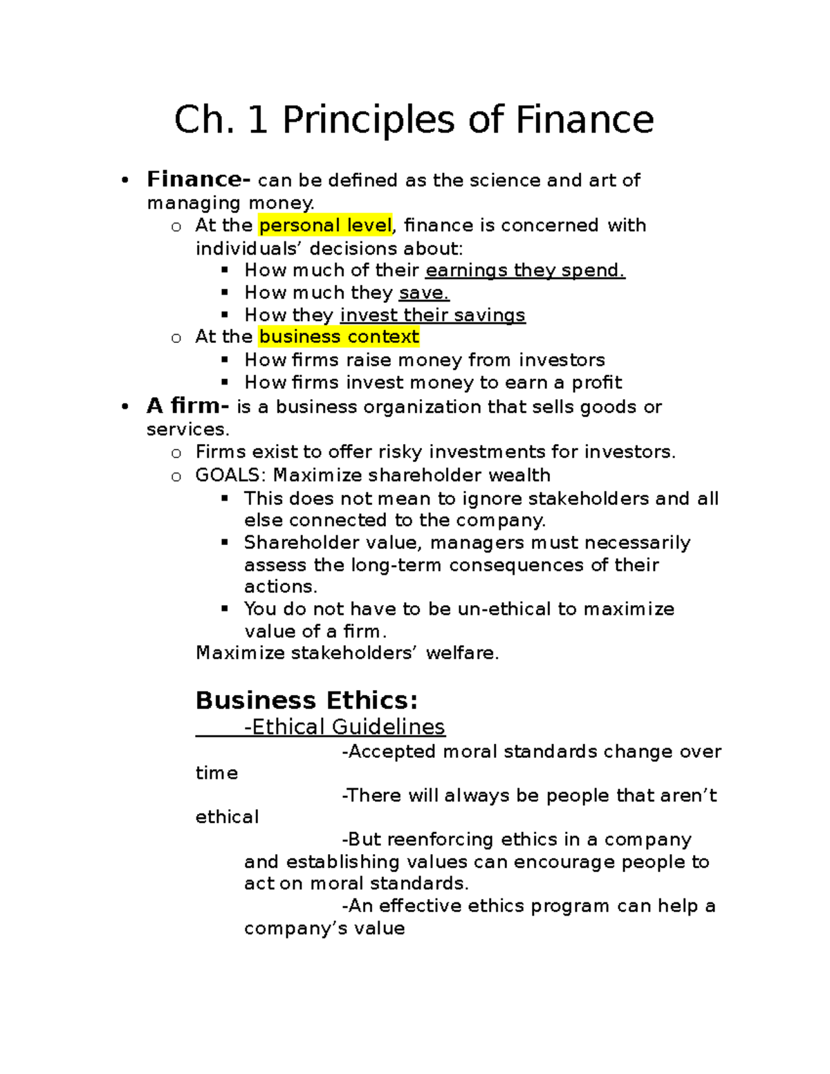 Ch. 1 Principles of Finance - Ch. 1 Principles of Finance Finance- can ...