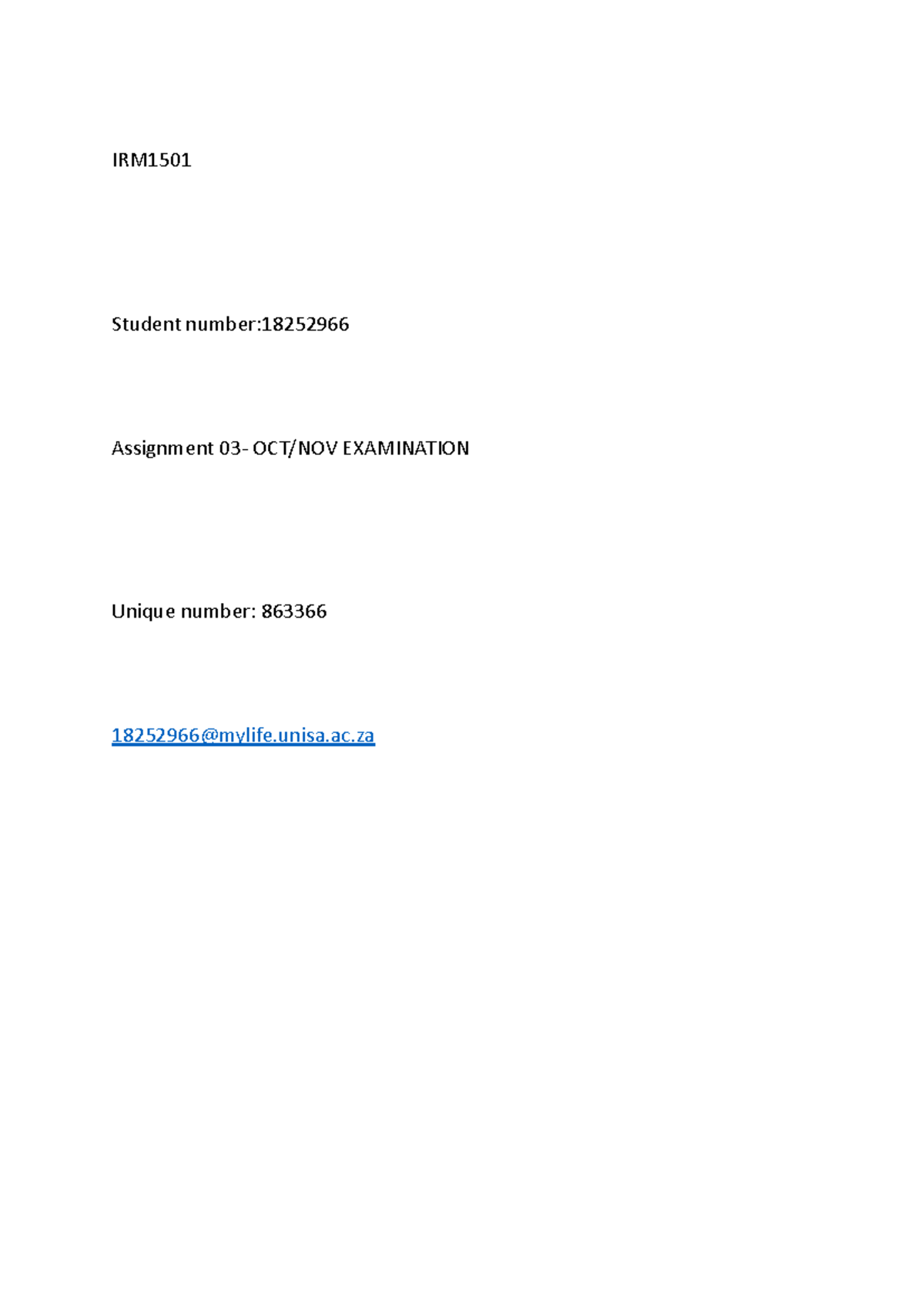 IRM1501 ASS03 - IRM Student number: Assignment 03- OCT/NOV EXAMINATION ...