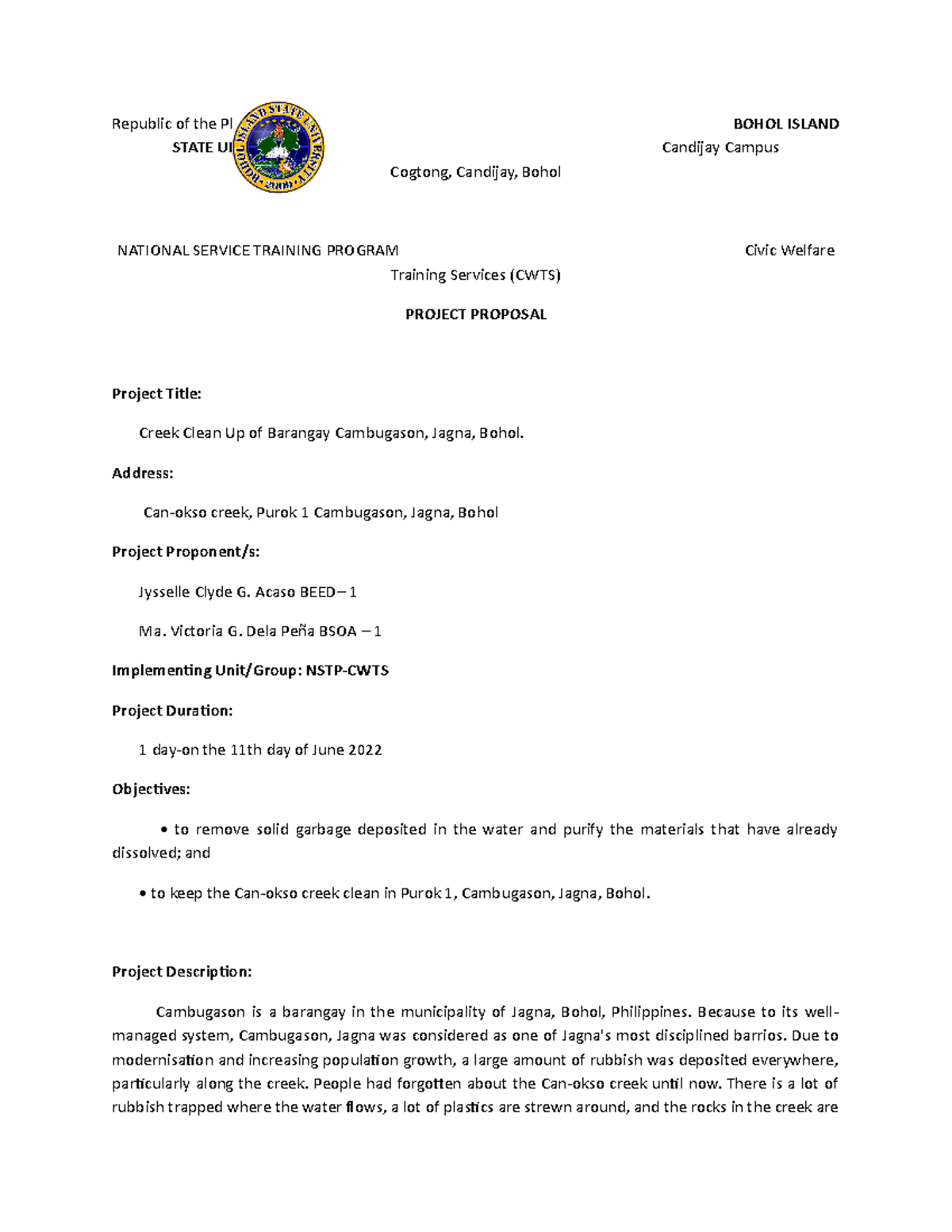Project Proposal - Republic of the Philippines BOHOL ISLAND STATE ...