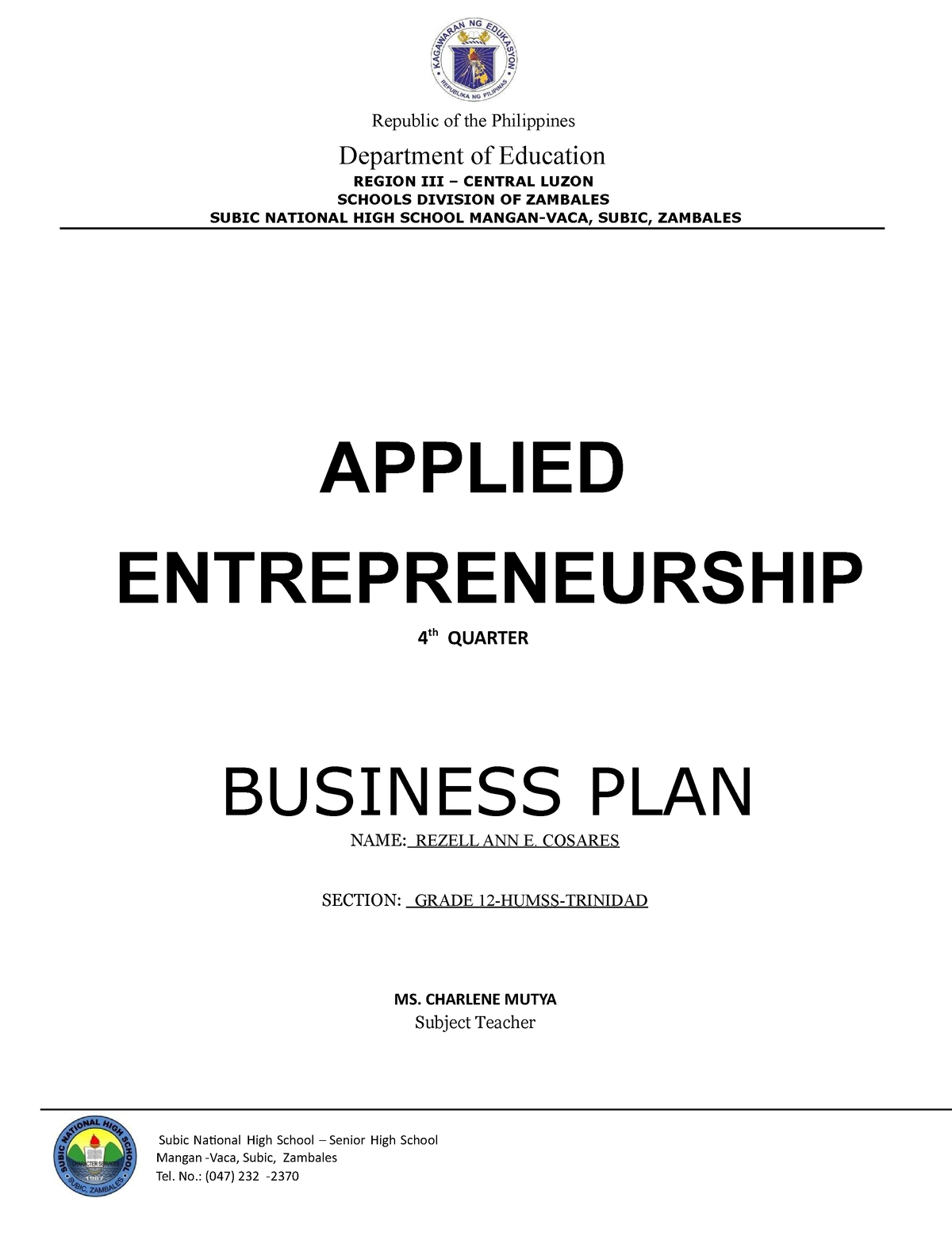 how to make business plan senior high school