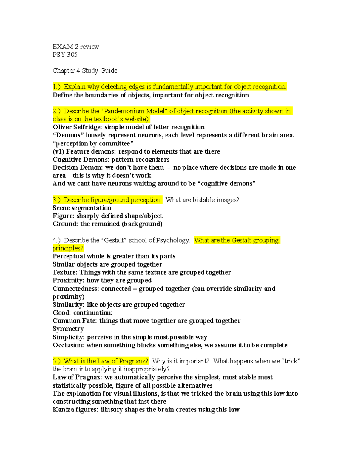Psych Sensation exam 2 review - EXAM 2 review PSY 305 Chapter 4 Study ...