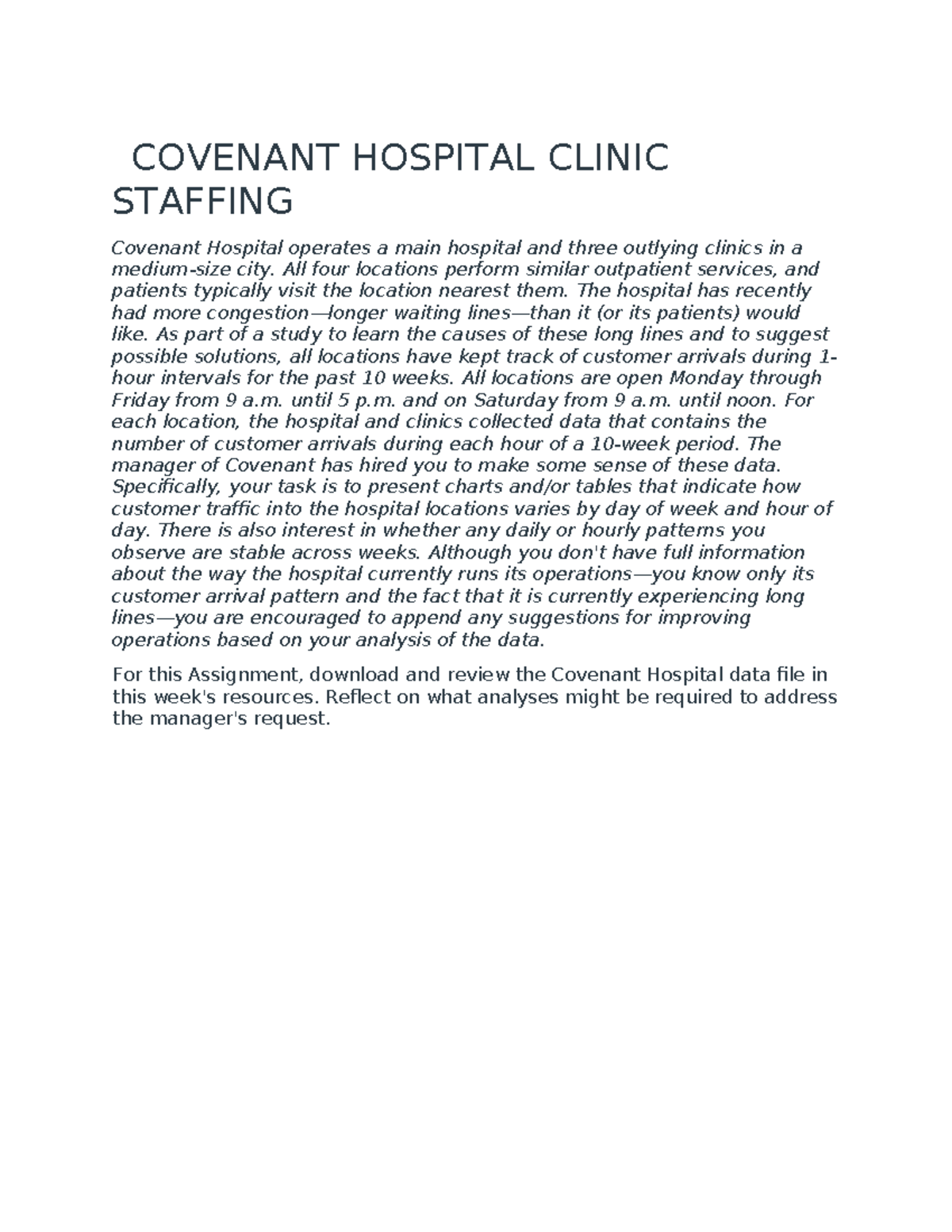 WK1assign DDHA 8800 COwan COVENANT HOSPITAL CLINIC STAFFING Covenant
