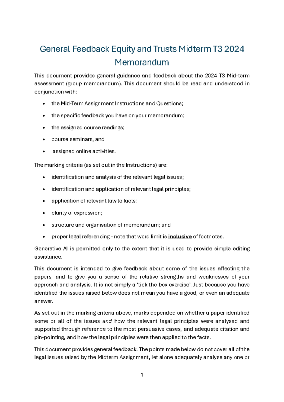 General Feedback Mid Term T3 2024 - General Feedback Equity and Trusts ...