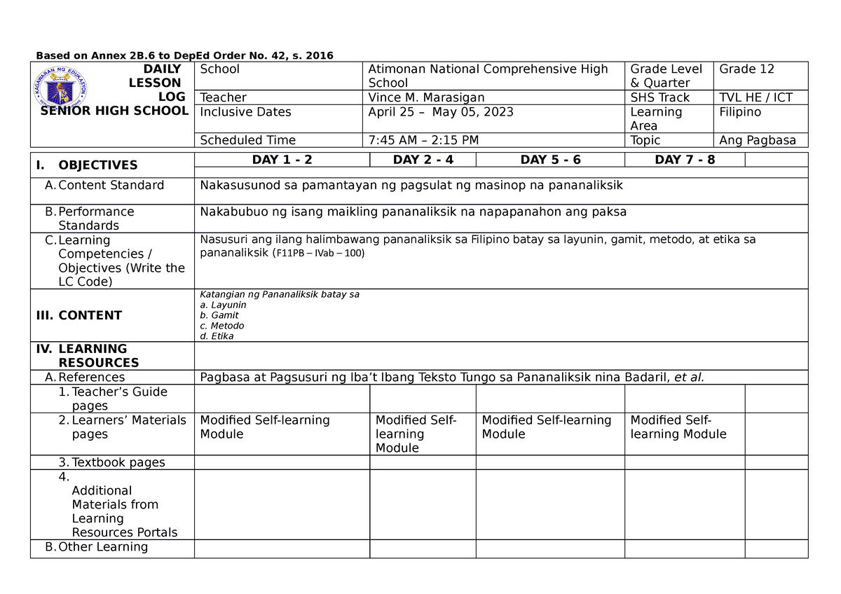 Pagpabasa DLL 4th WEEK 1 - Based On Annex 2B To DepEd Order No. 42, S ...