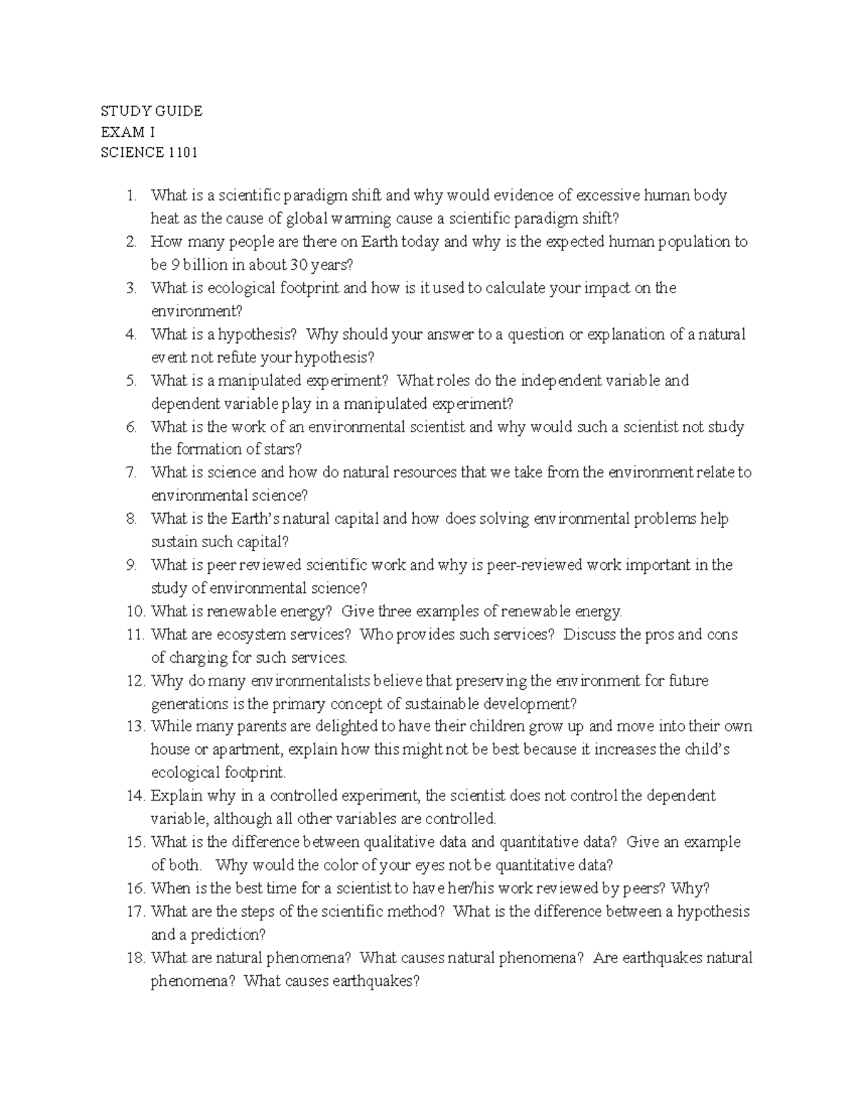 EXAM 1 SCI - SCI 1101 Exam 1 - STUDY GUIDE EXAM I SCIENCE 1101 What is ...