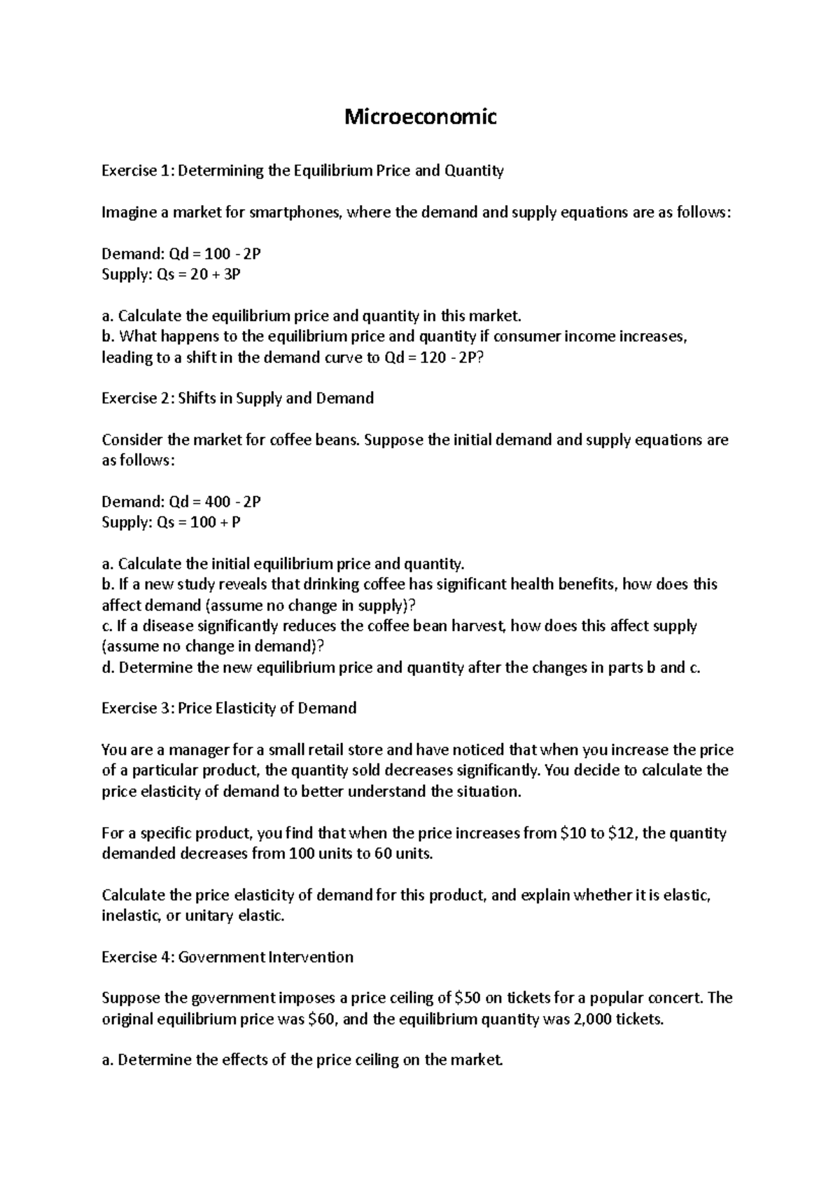 Microeconomic - Practice Exercises. - Microeconomic Exercise 1 ...