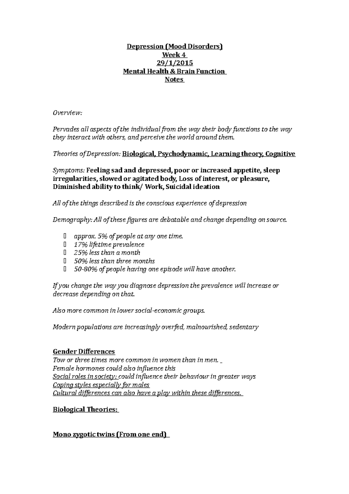 Depression Week 4 Mental Health Notes - Depression (Mood Disorders ...