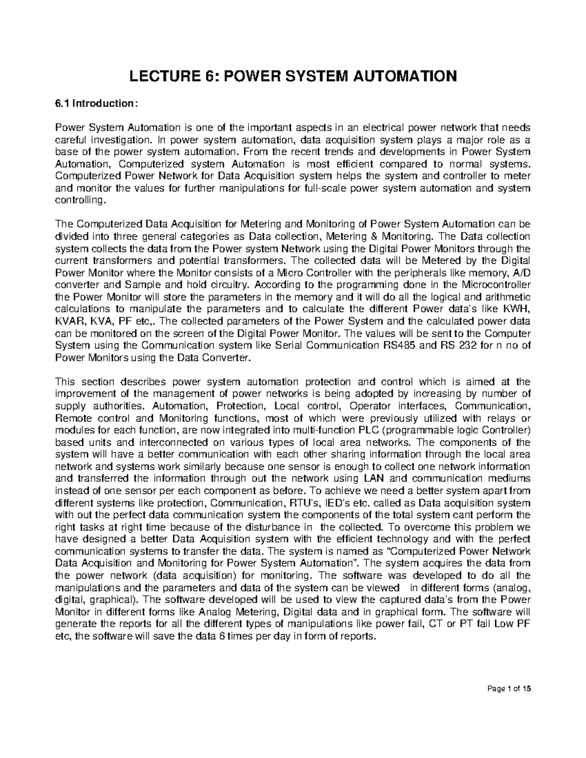 M2L6 - Lecture notes 6 - LECTURE 6: POWER SYSTEM AUTOMATION 6 ...