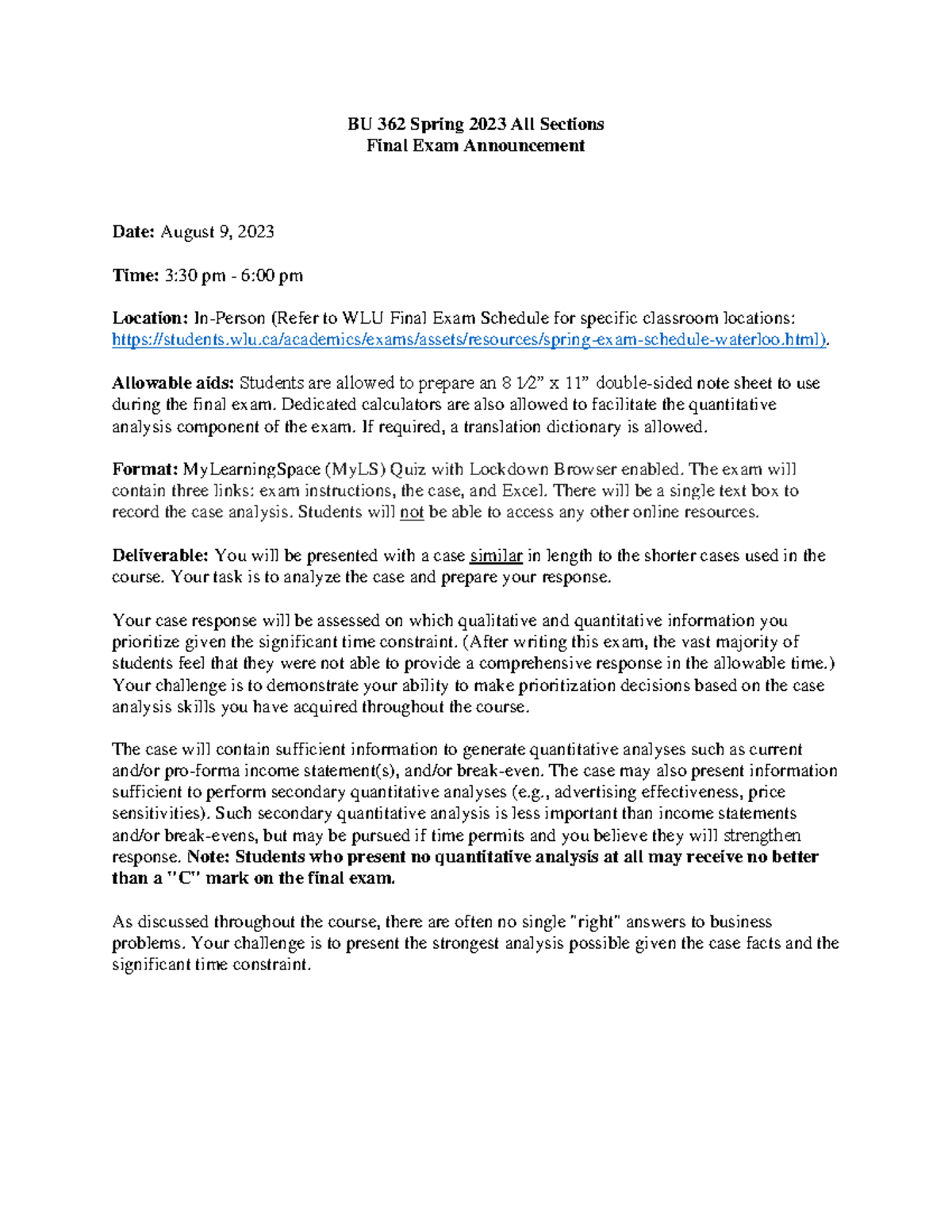 BU 362 Spring 2023 Final Exam Announcement All Sections - BU362 - WLU ...