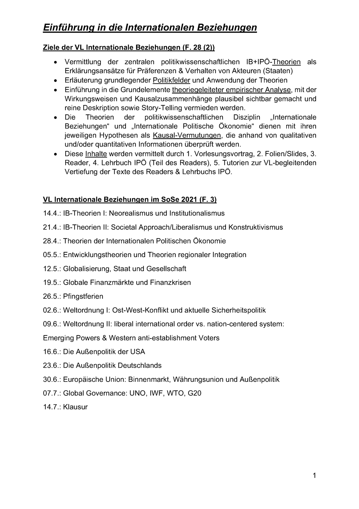 Zusammenfassung Der Vorlesung Ziele Der Vl Internationale Beziehungen F 28 2 Vermittlung 8517