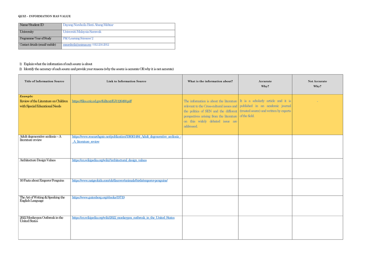 Module 3 Learning activity example - QUIZ – INFORMATION HAS VALUE 1 ...