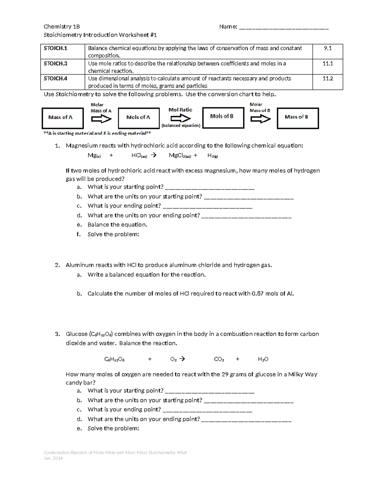 Stoichiometry Introduction Worksheet - Chem1 - Chemistry 1B Name