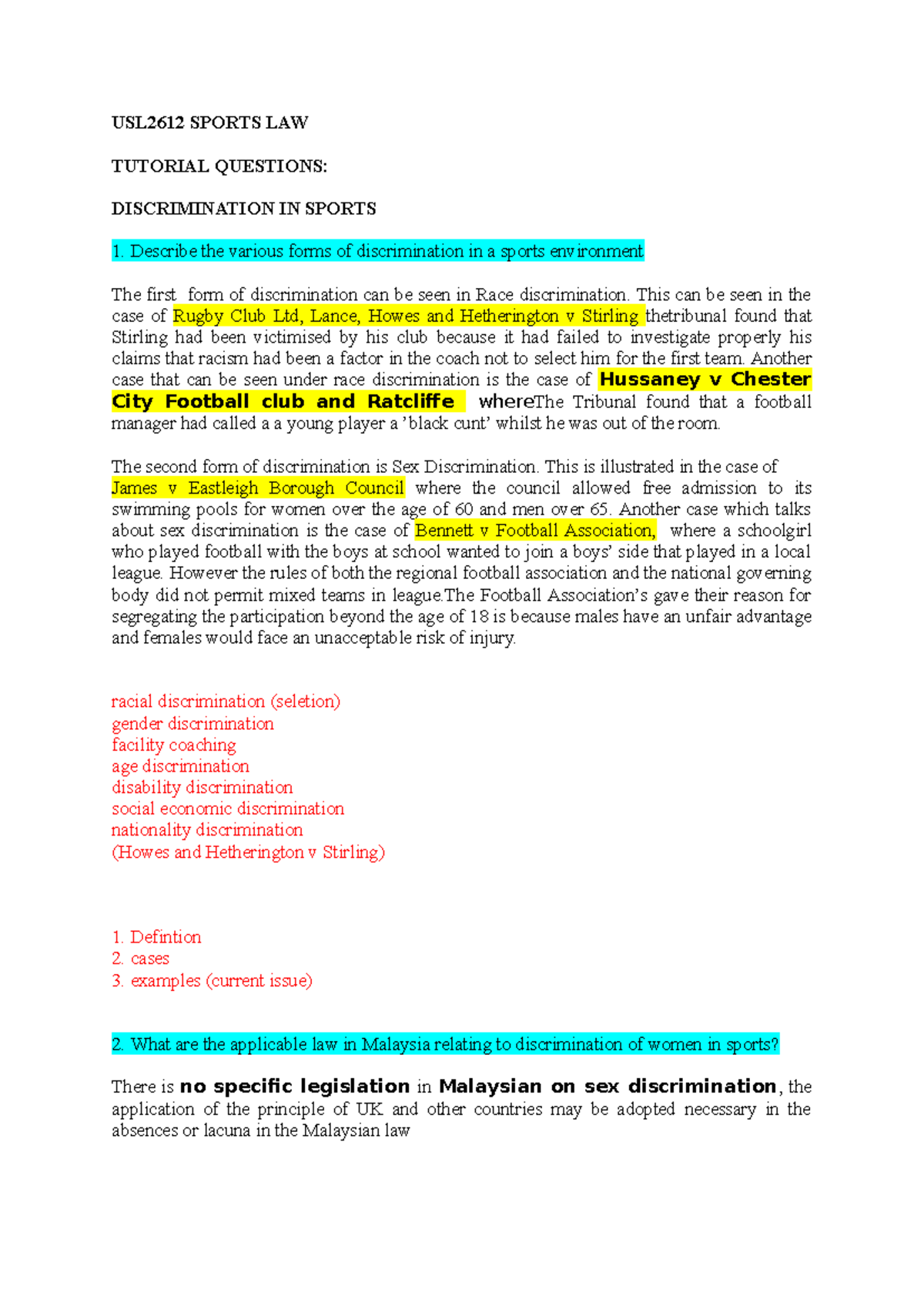 Tutorial 7 sport - USL2612 SPORTS LAW TUTORIAL QUESTIONS ...