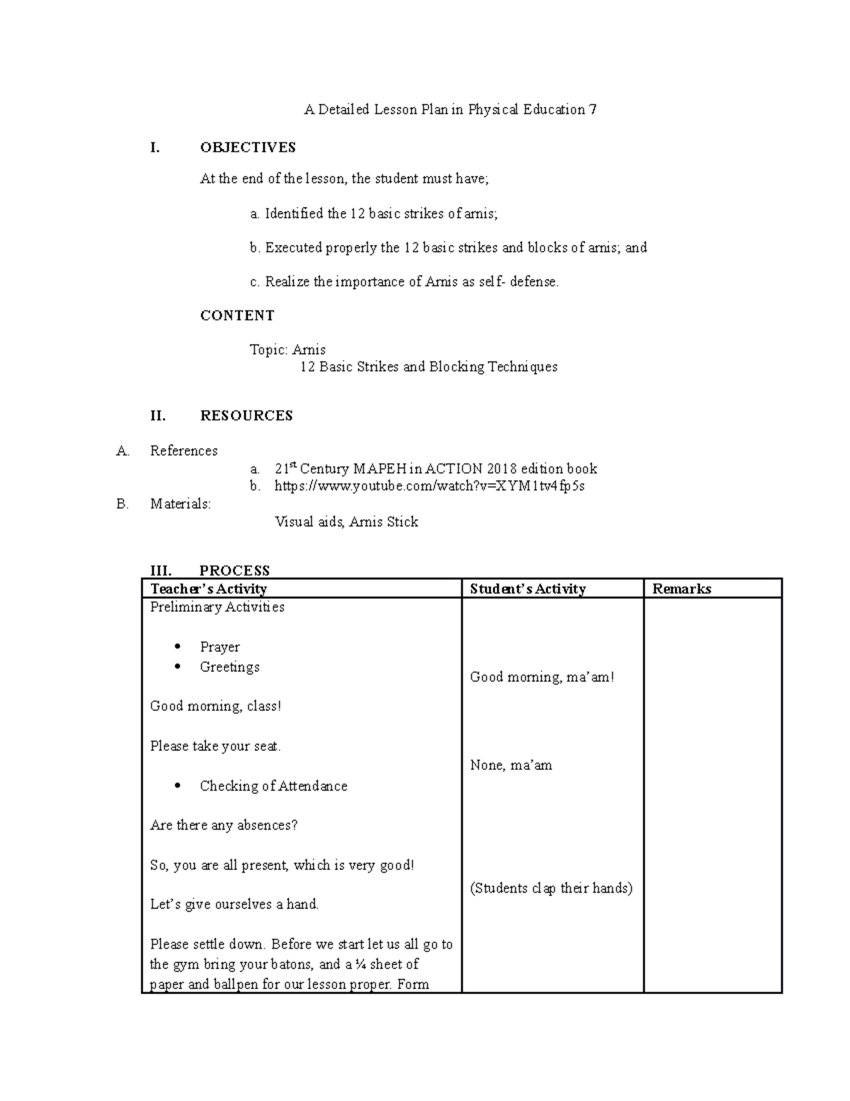 A-detailed-lesson-plan-in-pe 7 Arnis - A Detailed Lesson Plan In 