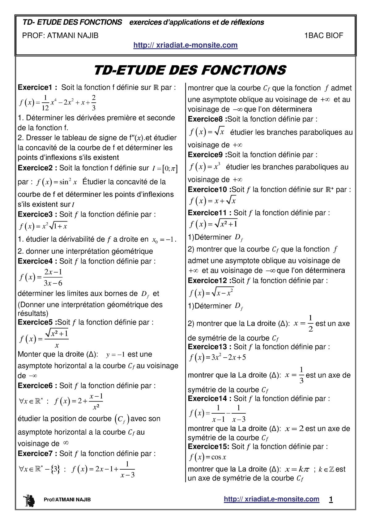 Etude Exe Sex Mathématiques Profatmani Najib Xriadiate Monsite 1 Td Etude Des 4328