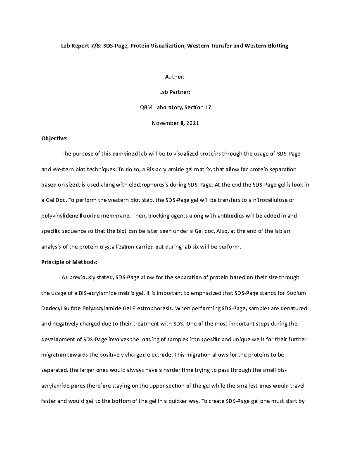 Lab report seven and eight - Lab Report 7/8: SDS-Page, Protein ...