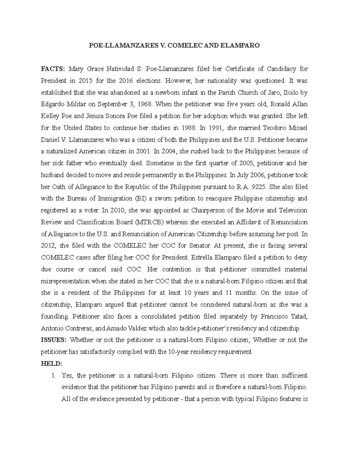 Case Digest Poe v. Comelec POELLAMANZARES V. COMELEC AND ELAMPARO