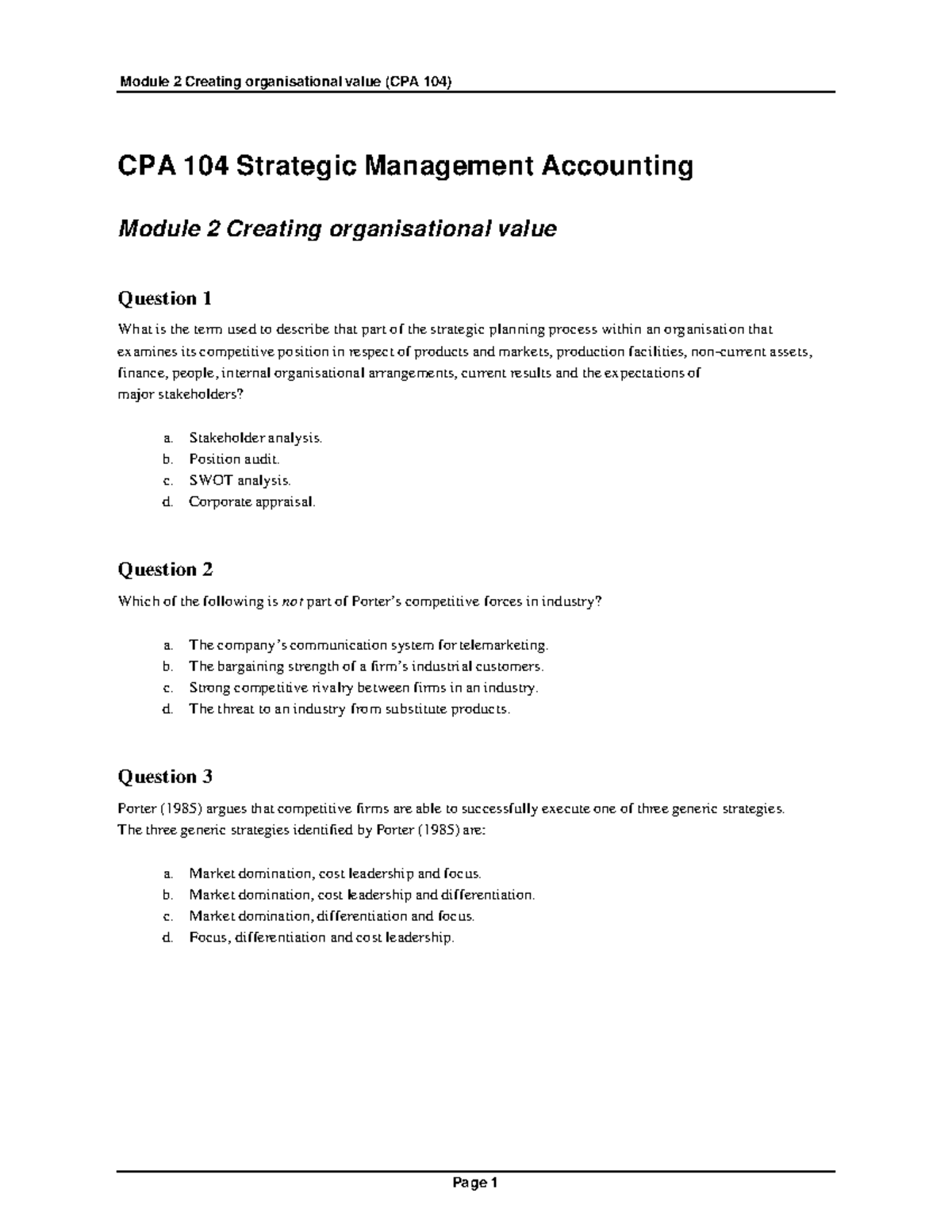 Mod 2 answers - lec notes - CPA 104 Strategic Management Accounting ...