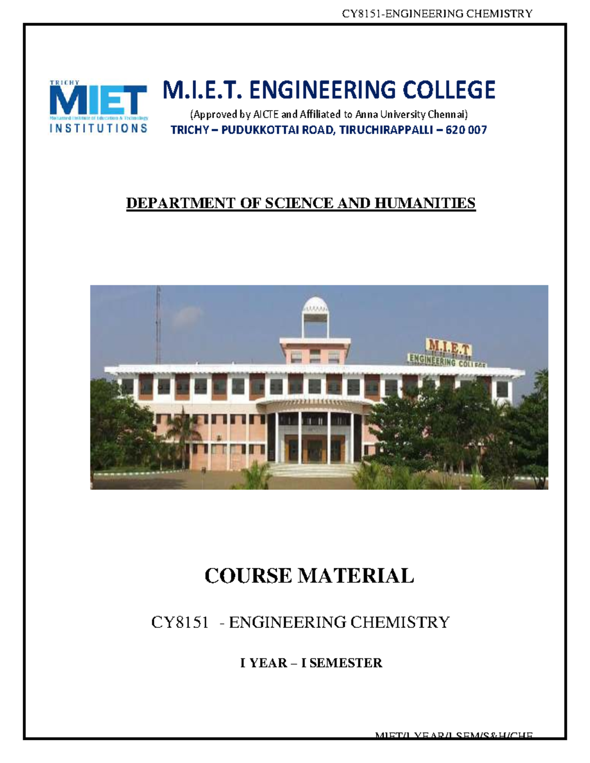 CY8151 Engineering Chemistry 5 - M.I.E. ENGINEERING COLLEGE (Approved ...