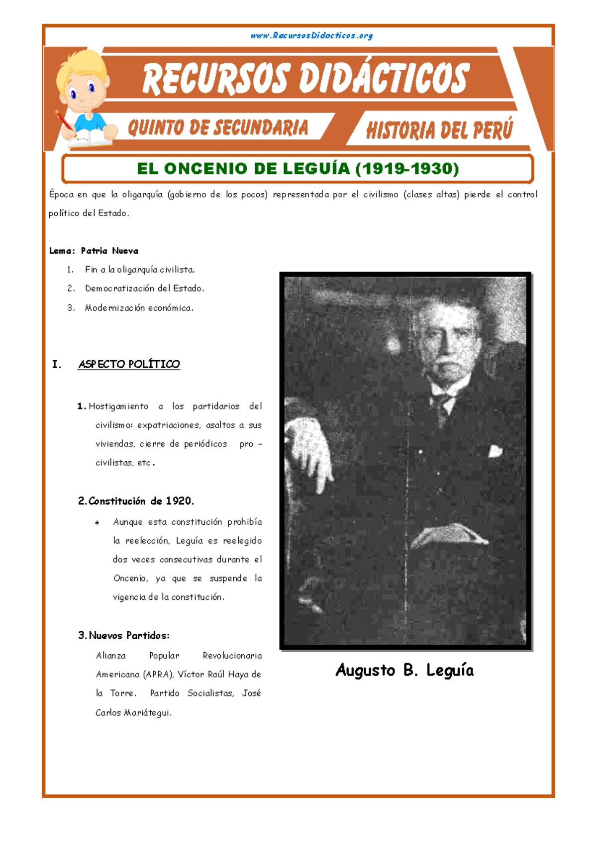 El Oncenio De Leguía De 1919 A 1930 Para Quinto Grado De Secundaria ...