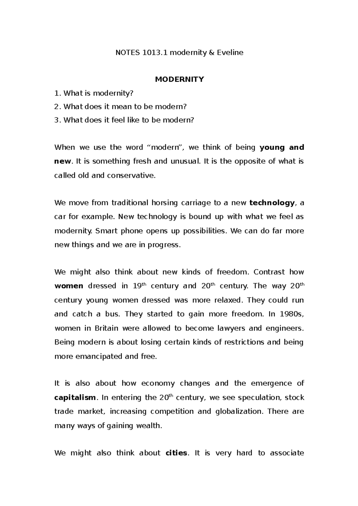 ENGL1013 Lecture 1 Notes Spring 2020-21 - NOTES 1013 modernity ...