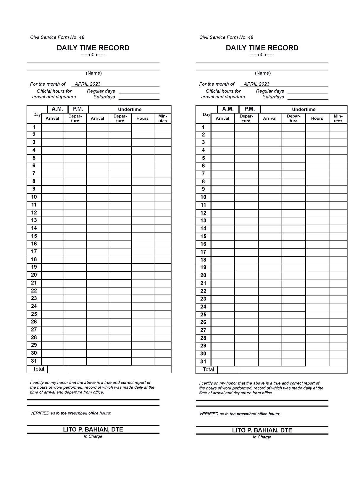 Appendix 24 Daily Time Record DTR 1 - Civil Service Form No. 48 DAILY ...