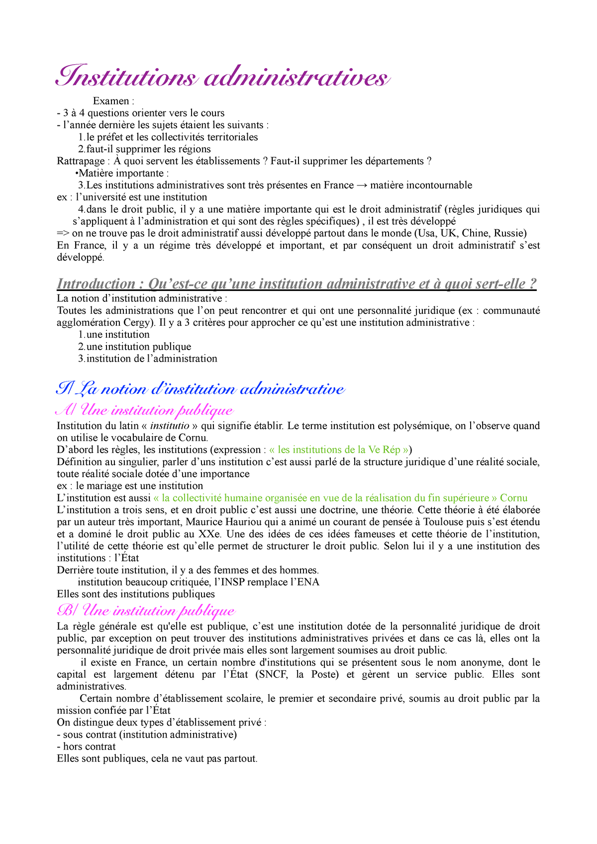 Institutions Administratives CM - Institutions Administratives Examen ...