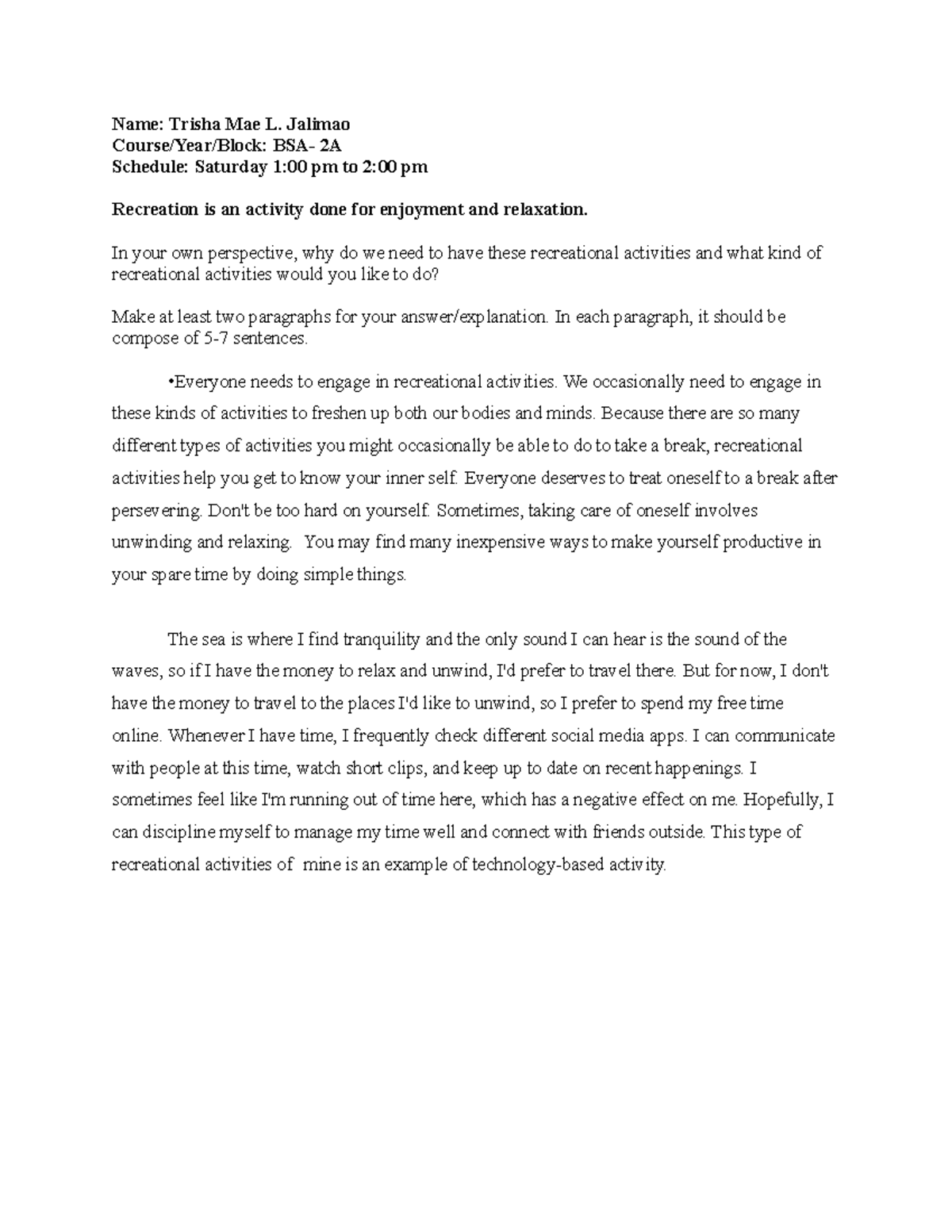 Jalimao,Trisha Mae - Definition of recreation and recreational