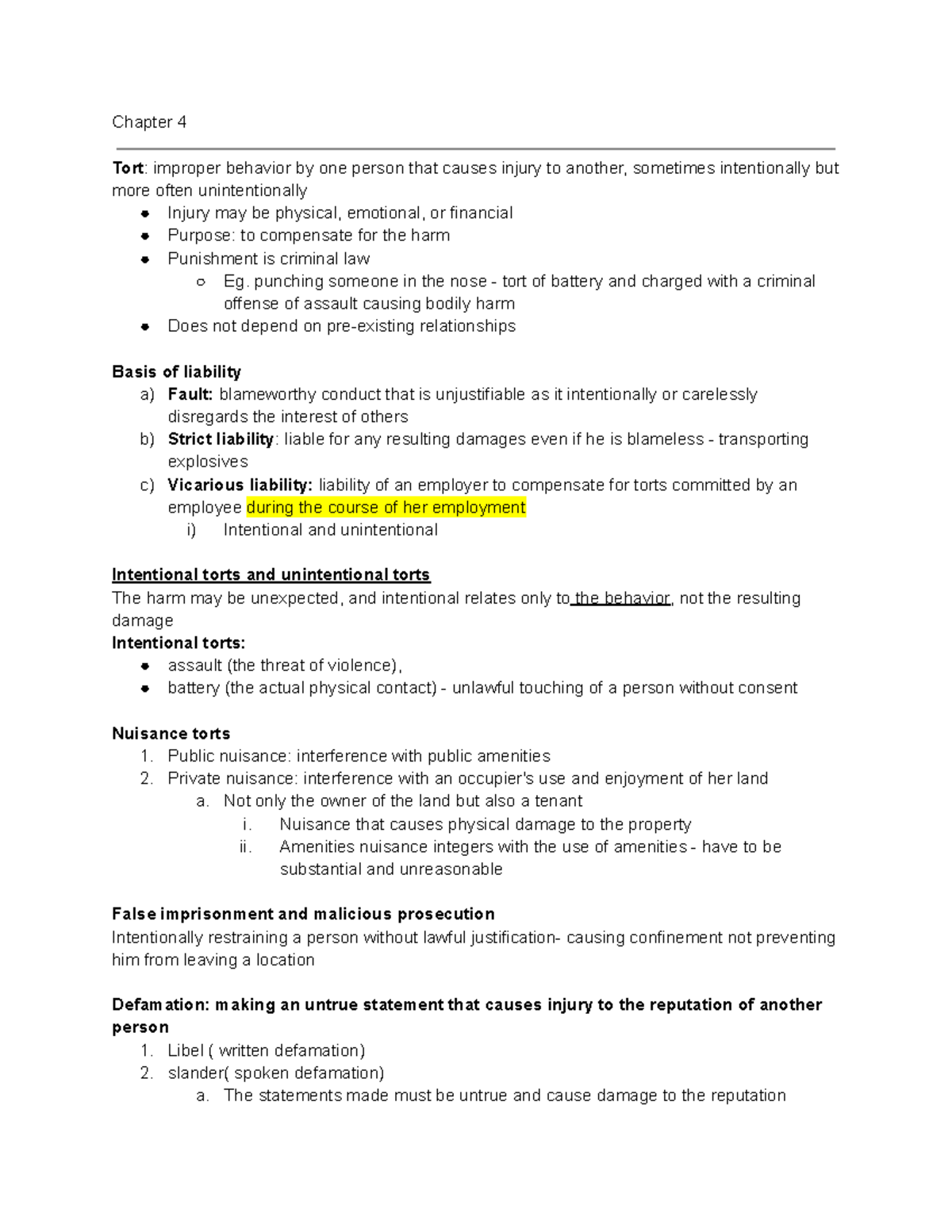 rsm225-textbook-summary-chapter-4-tort-improper-behavior-by-one