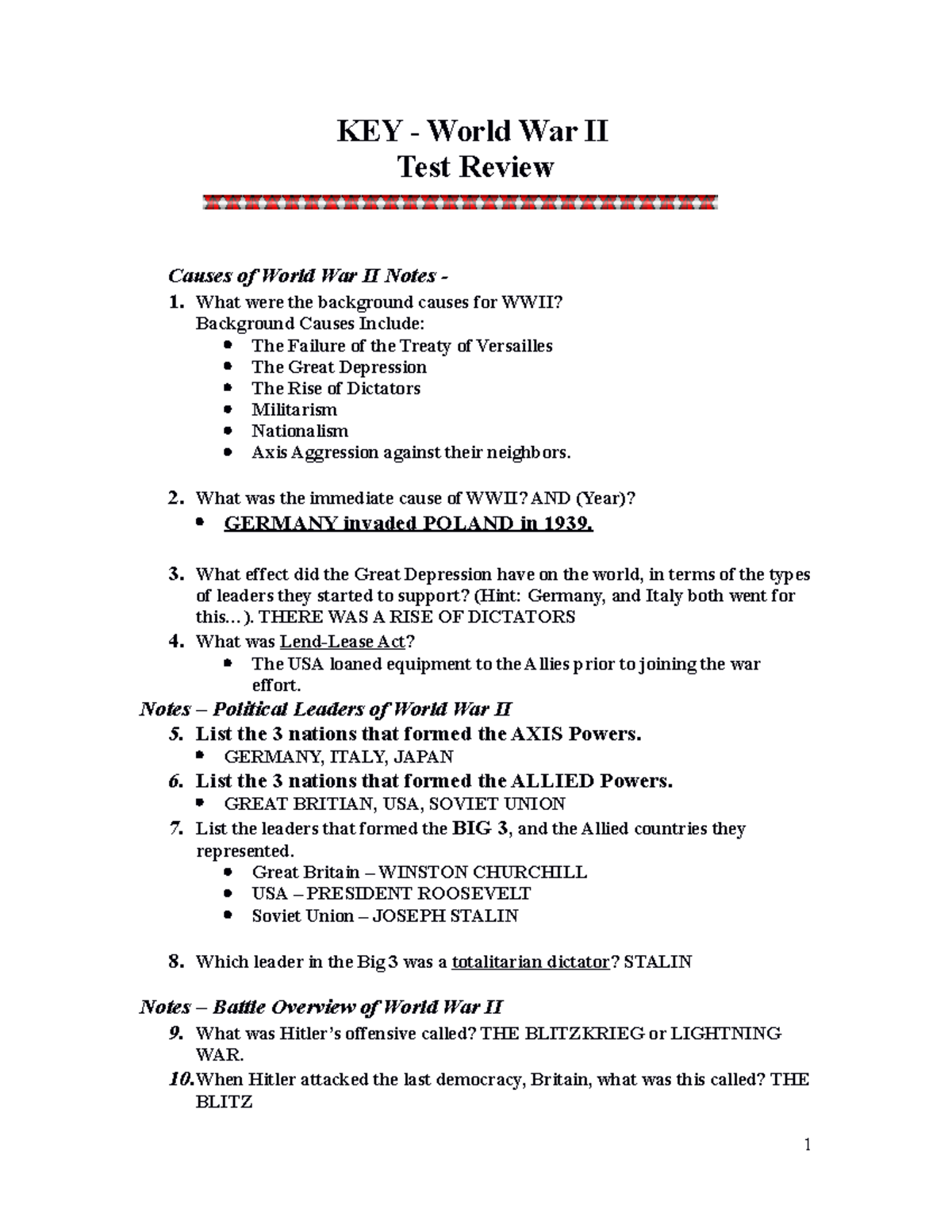 KEY WWII Review - It’s very good - KEY - World War II Test Review ...