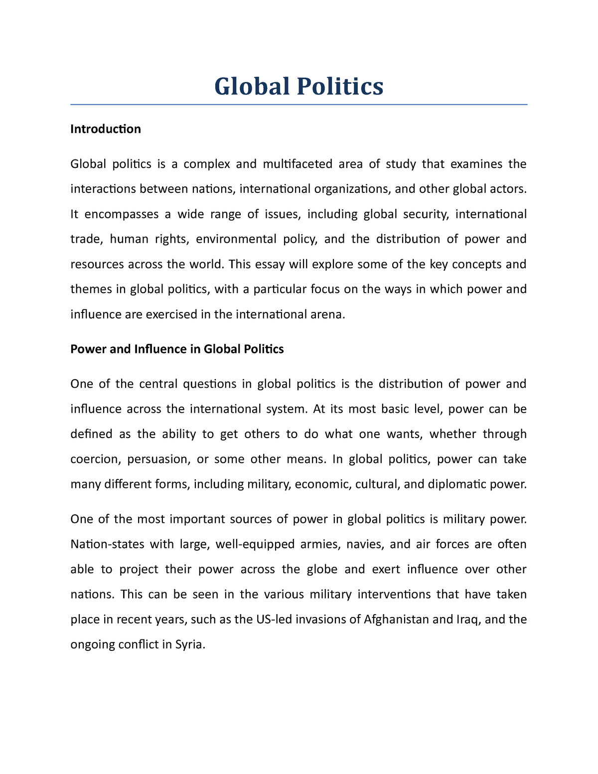 essay topics on global politics