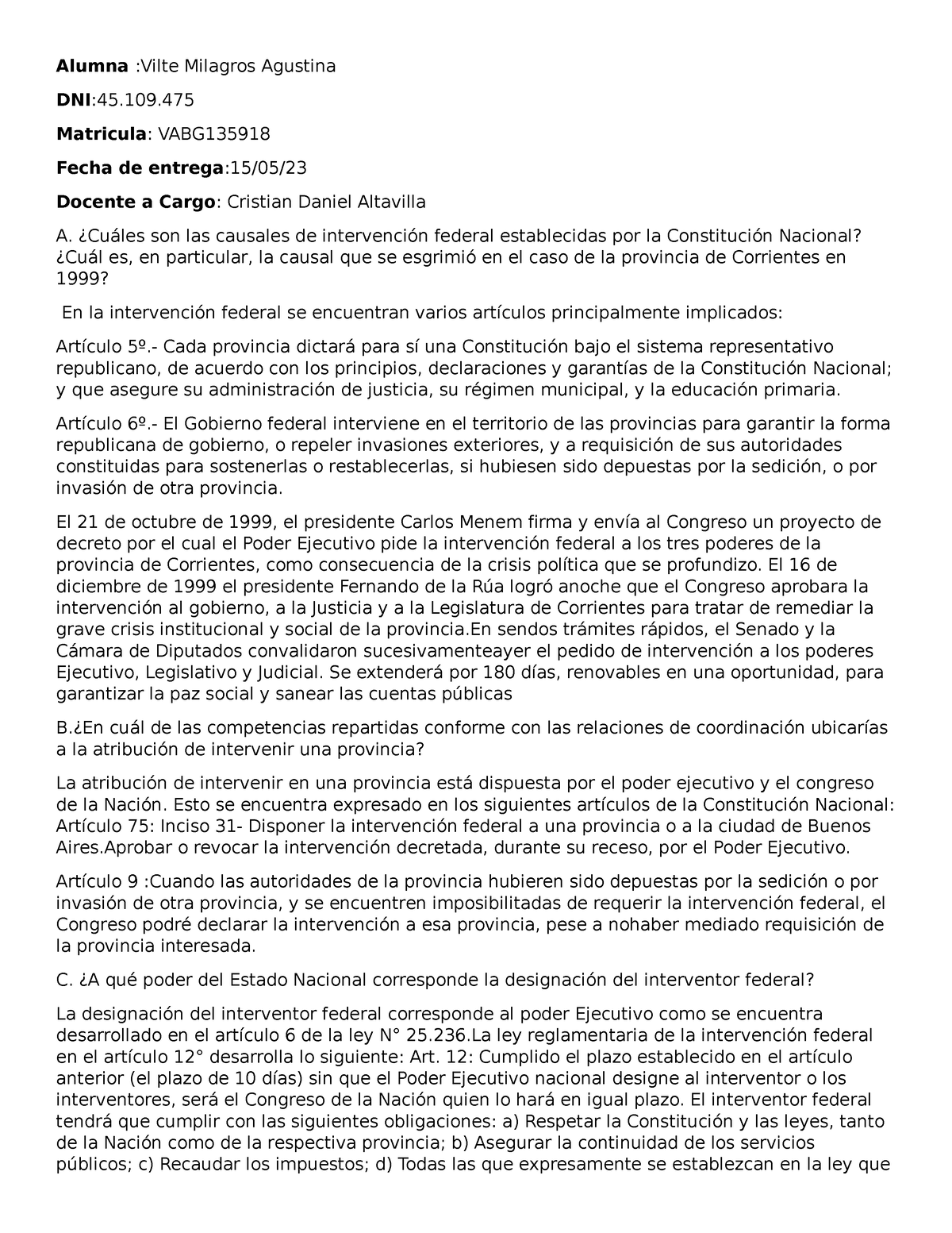 Trabajo Practico N 2 Derecho Constitucional - Alumna :Vilte Milagros ...