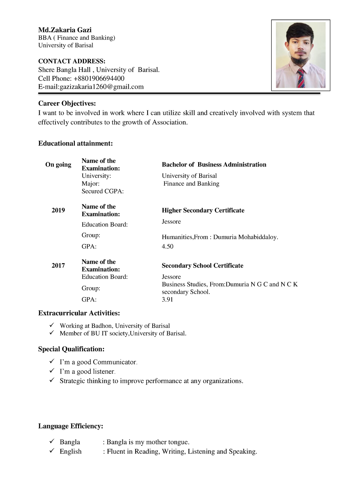 Pdf cv - A CV FORMATE - Md Gazi BBA ( Finance and Banking) University ...