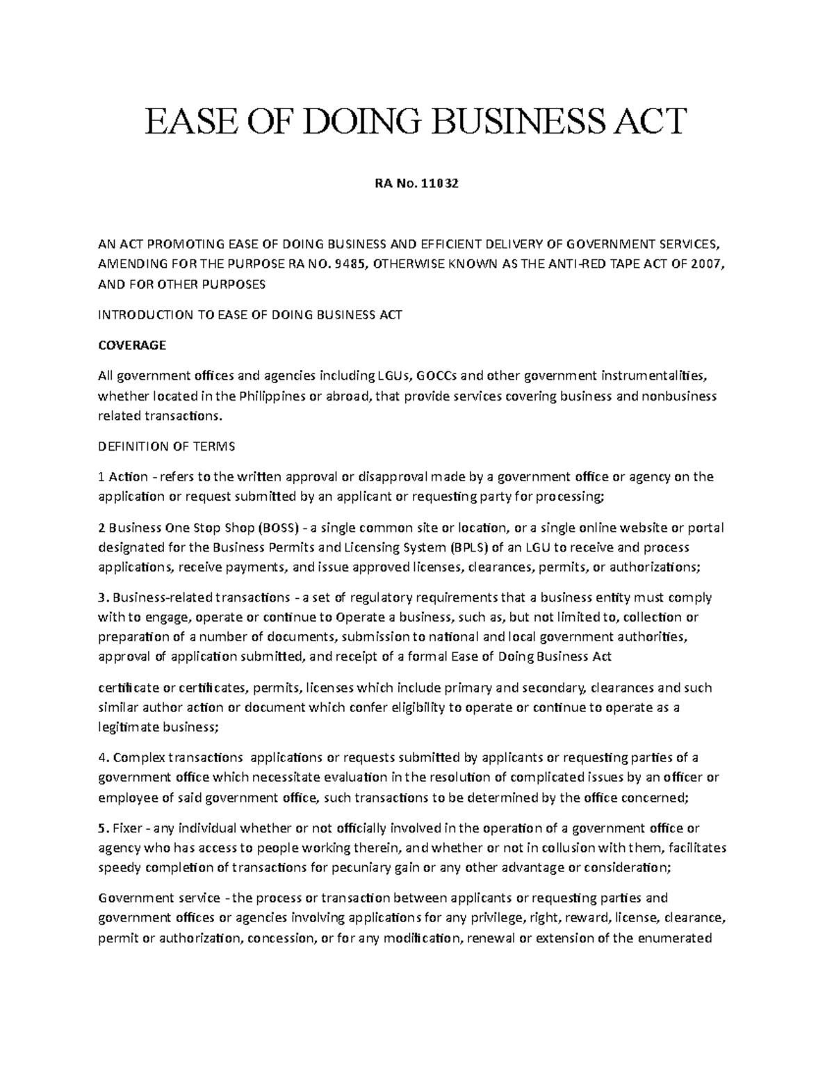 EASE OF Doing Business ACT - EASE OF DOING BUSINESS ACT RA No. 11032 AN ...