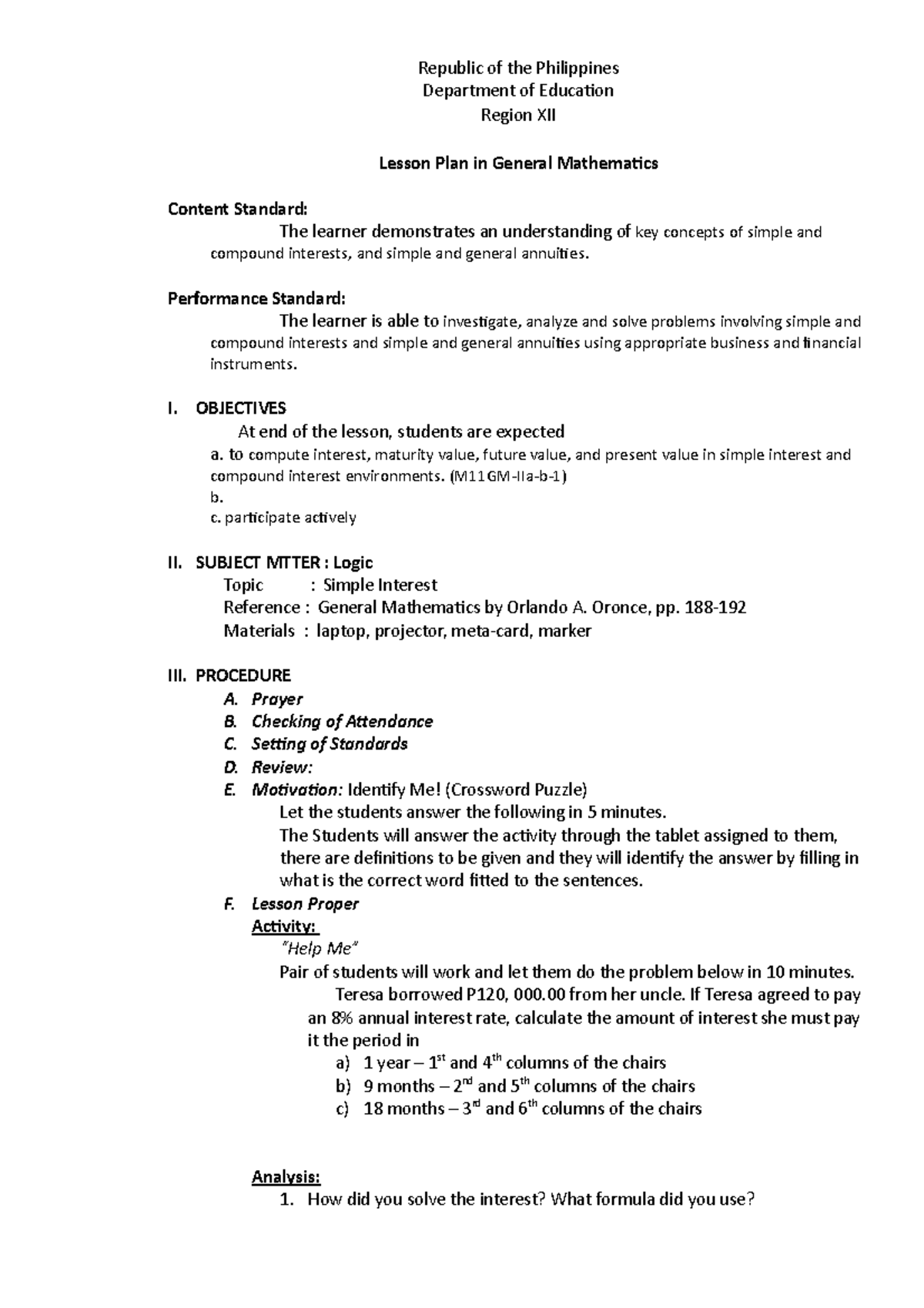 M11GM IIa B 1 - LESSON PLAN FOR MATHEMATICS - Republic Of The ...