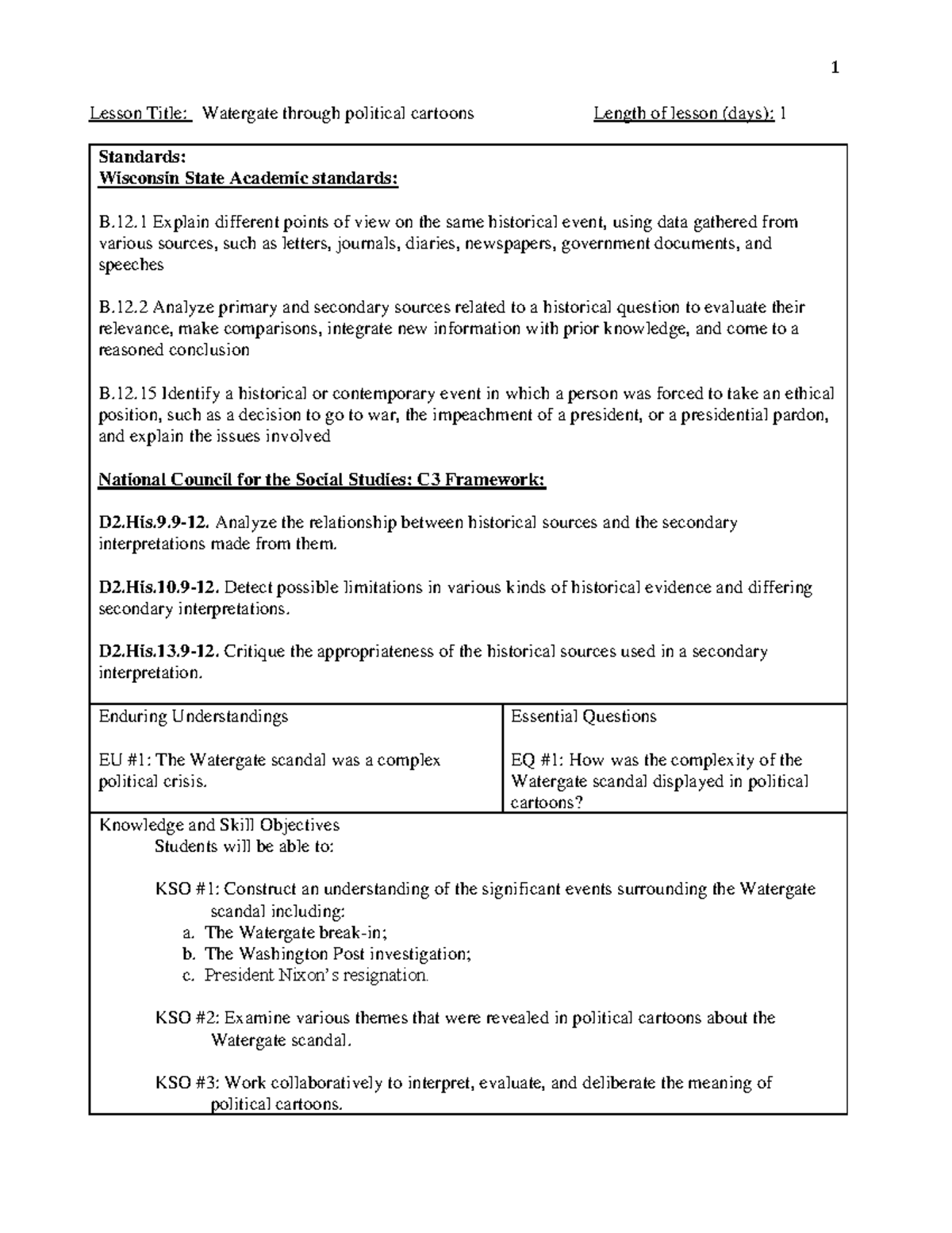 Watergate through political cartoons (complete) - 1 Lesson Title ...