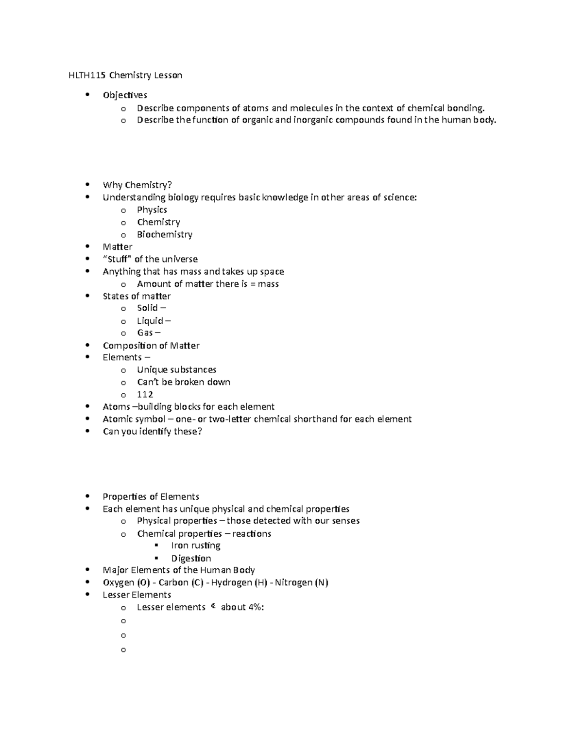 Health Chem - Chemistry of body - HLTH115 Chemistry Lesson Objectives o ...