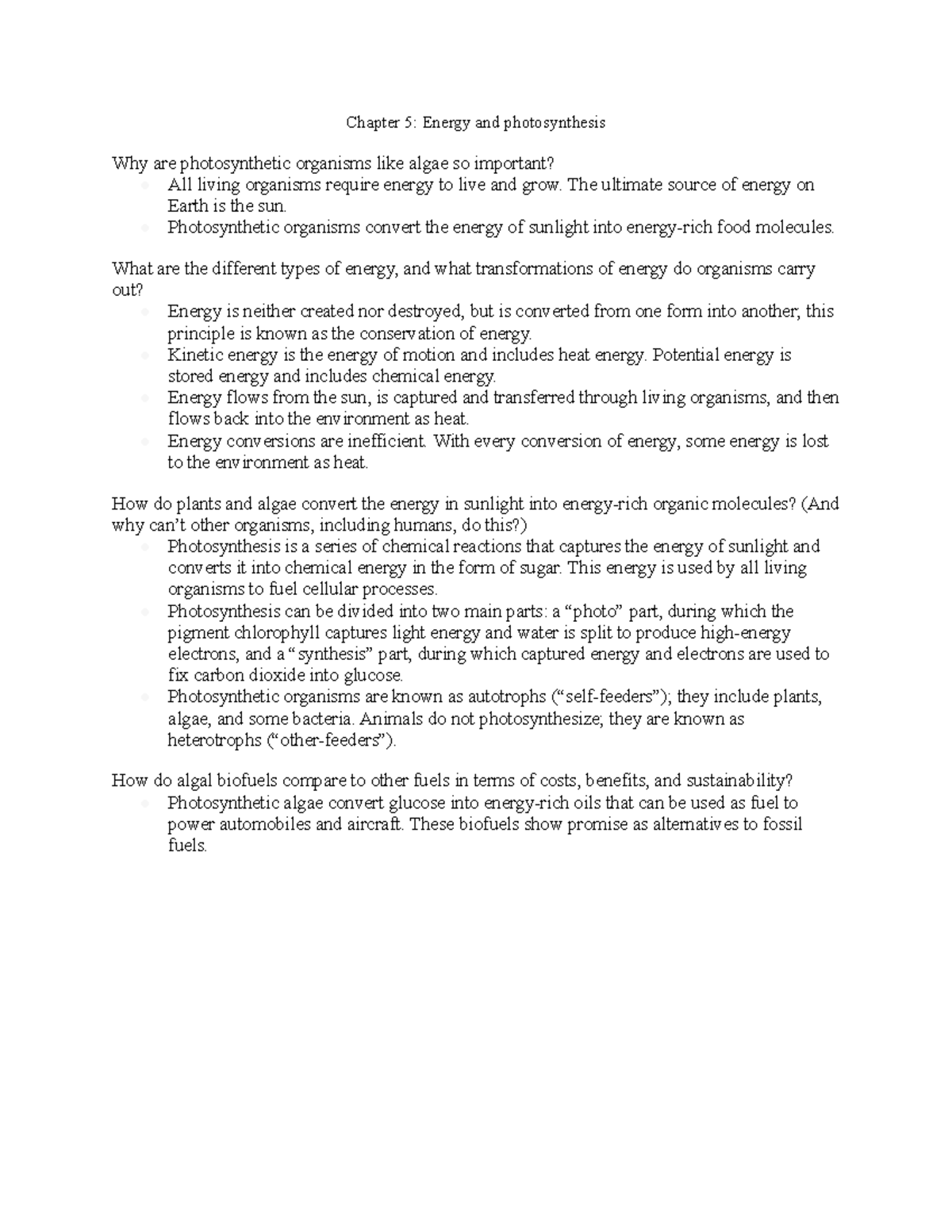 Bio- Chapter 5 Energy and photosynthesis - Chapter 5: Energy and ...