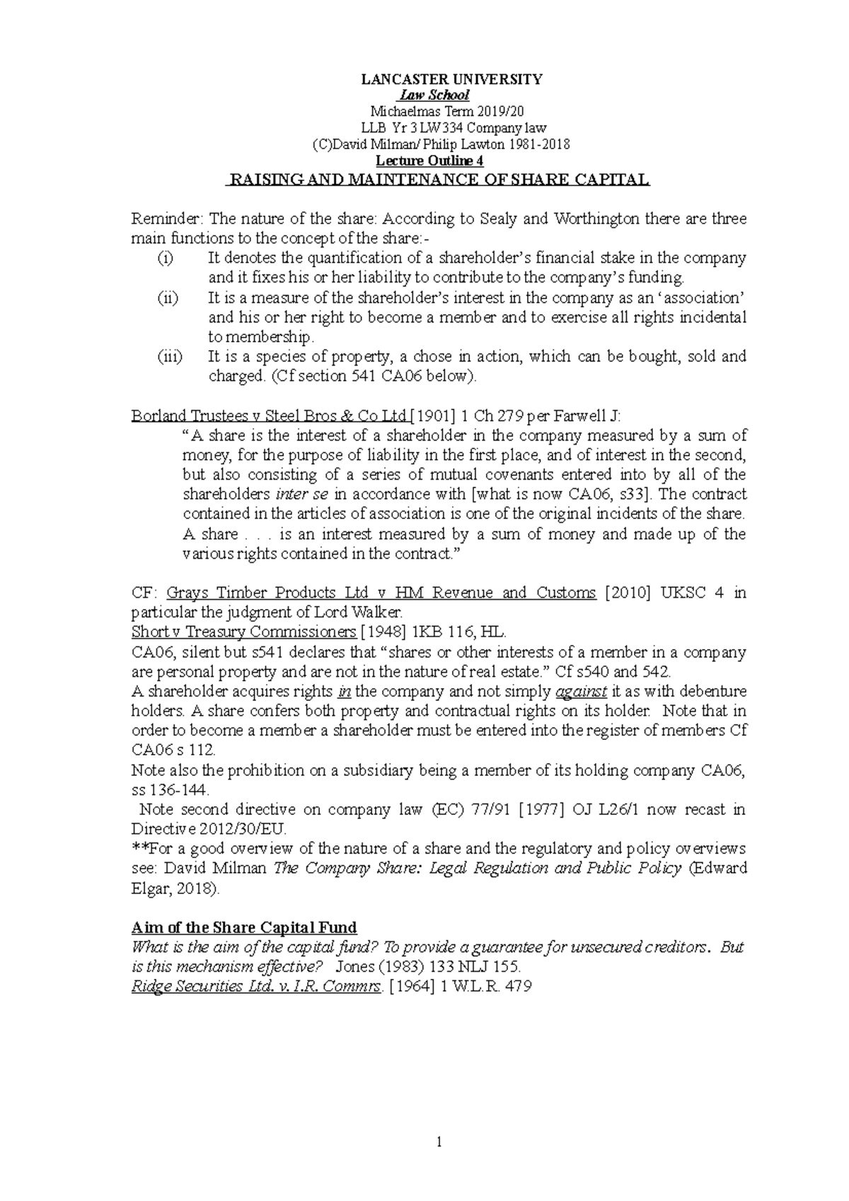 Share Capital Maintenance Rules LANCASTER UNIVERSITY Law School