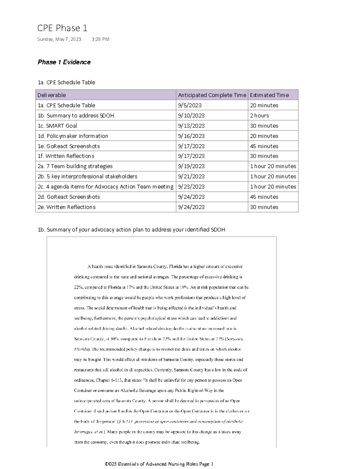 D025 Essentials of Advanced Nursing Roles - Phase 1 Evidence 1a. CPE ...