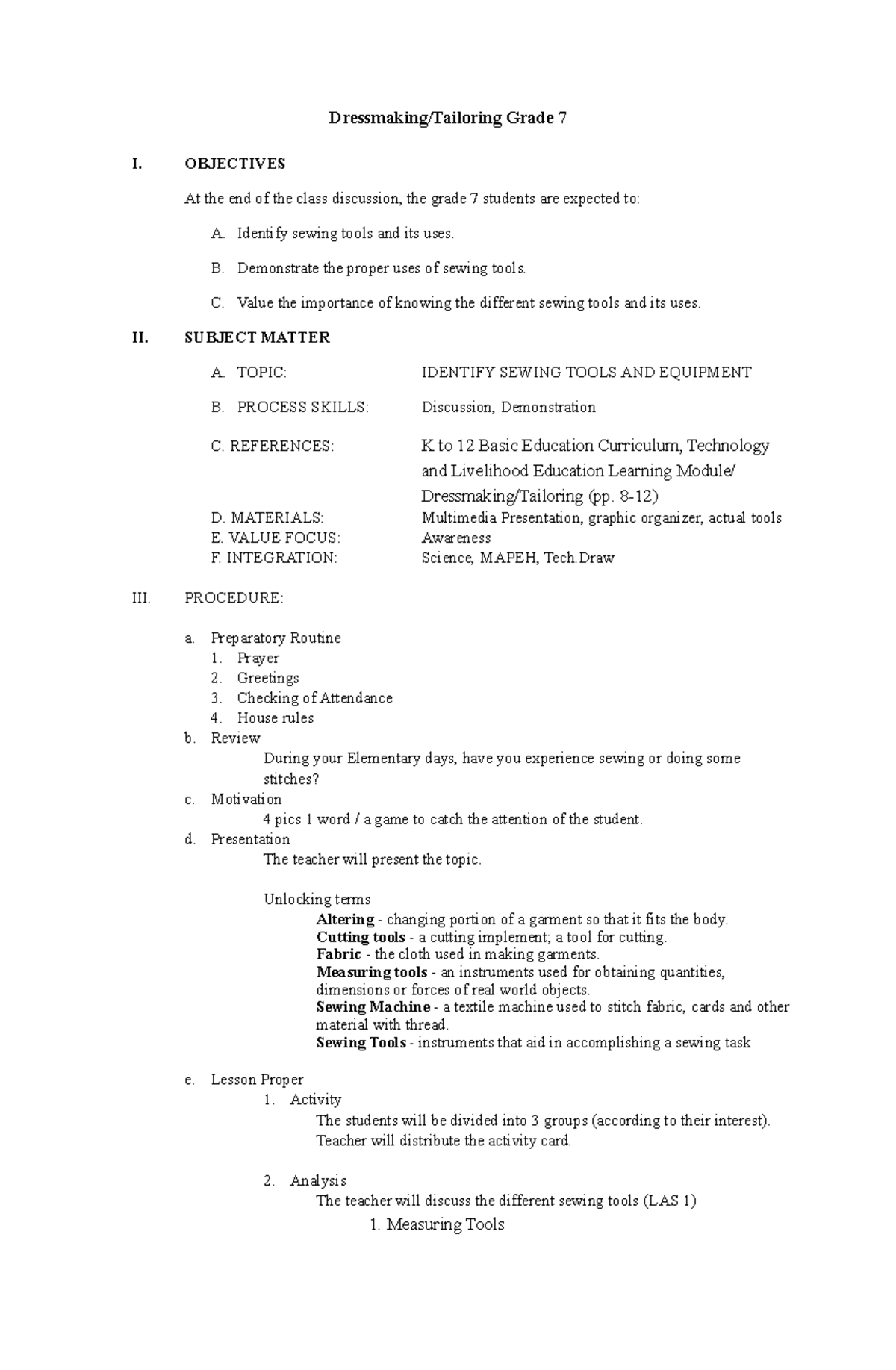 4As-LP - olkk - Dressmaking/Tailoring Grade 7 I. OBJECTIVES At the end ...