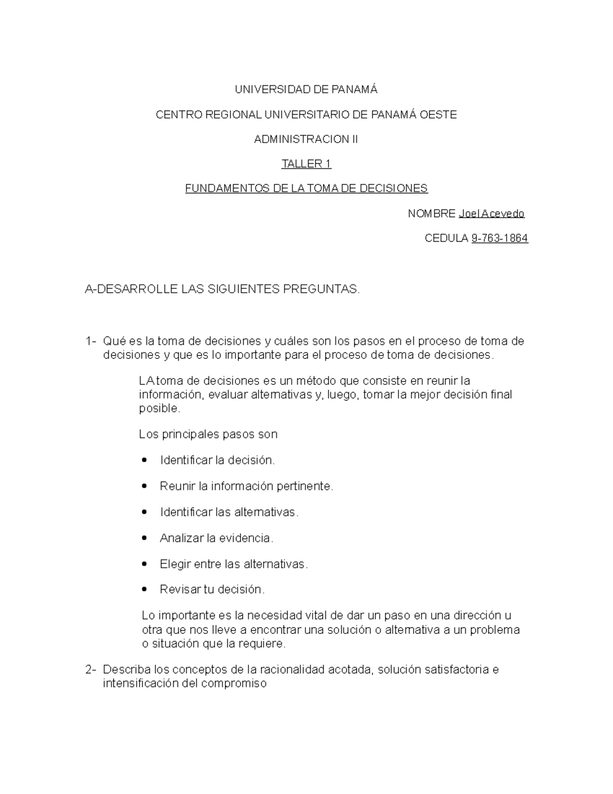 Fundamentos DE LA TOMA DE Decisiones de joel acevedo - UNIVERSIDAD DE ...