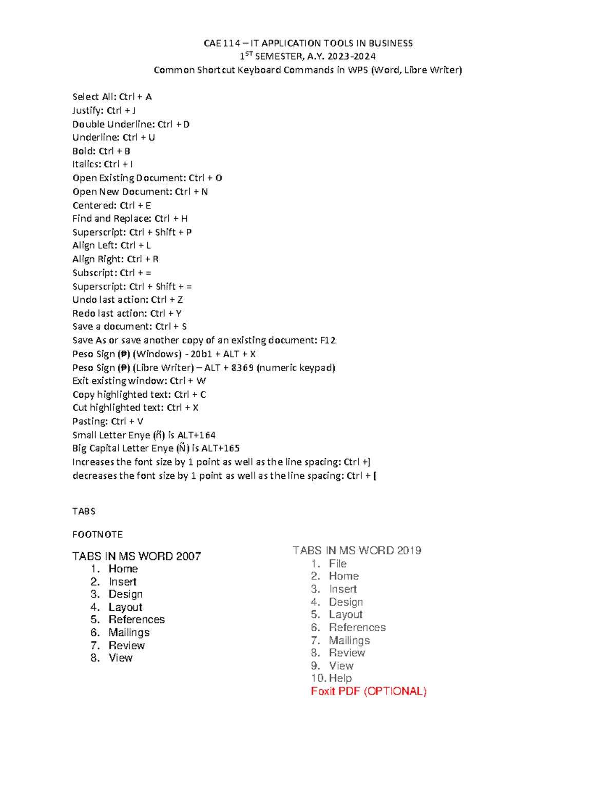 Shortcut Keyboard Commands CAE 114 IT APPLICATION TOOLS IN