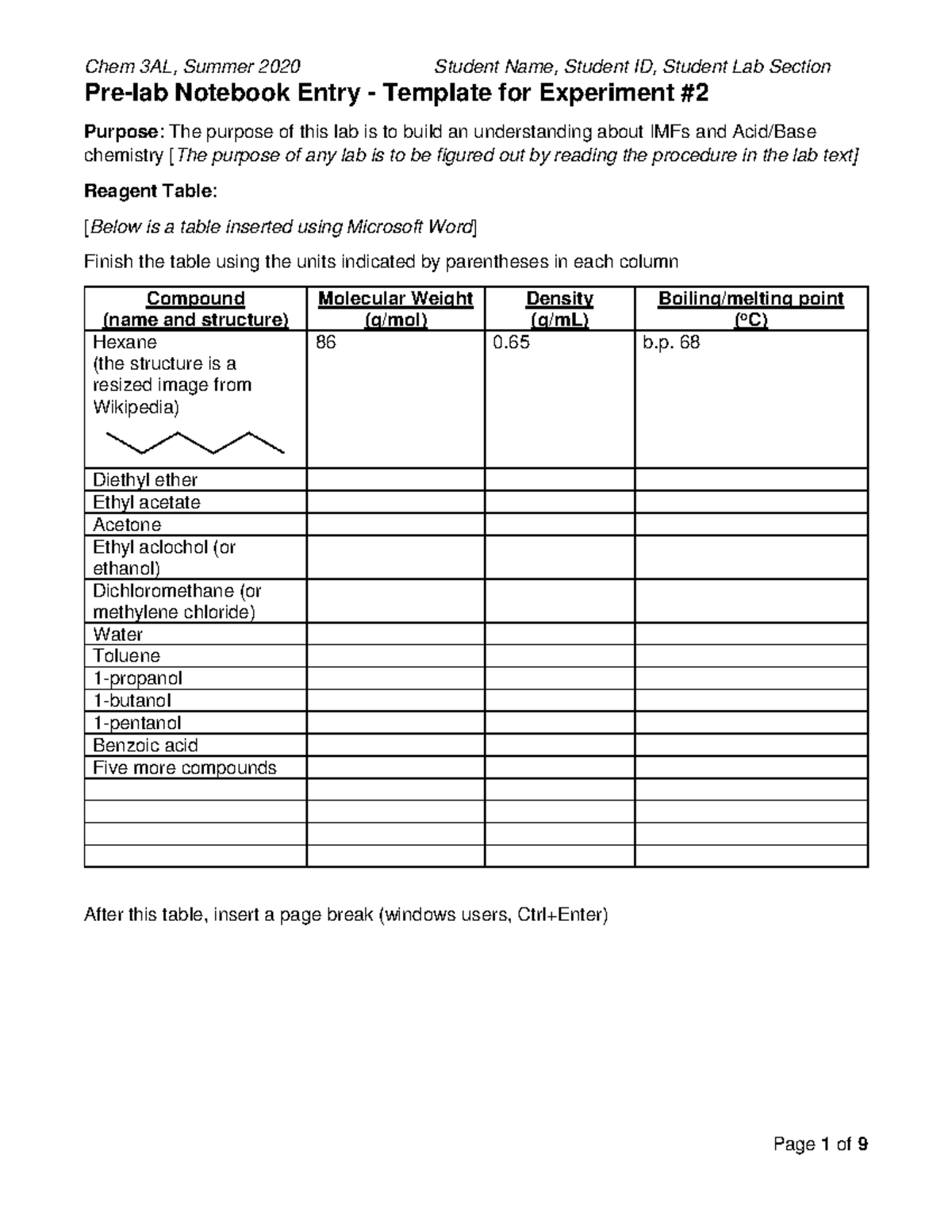 Notebook Pages - Template - Experiment 2 (Chem 3AL - Summer 2020) - Pre ...