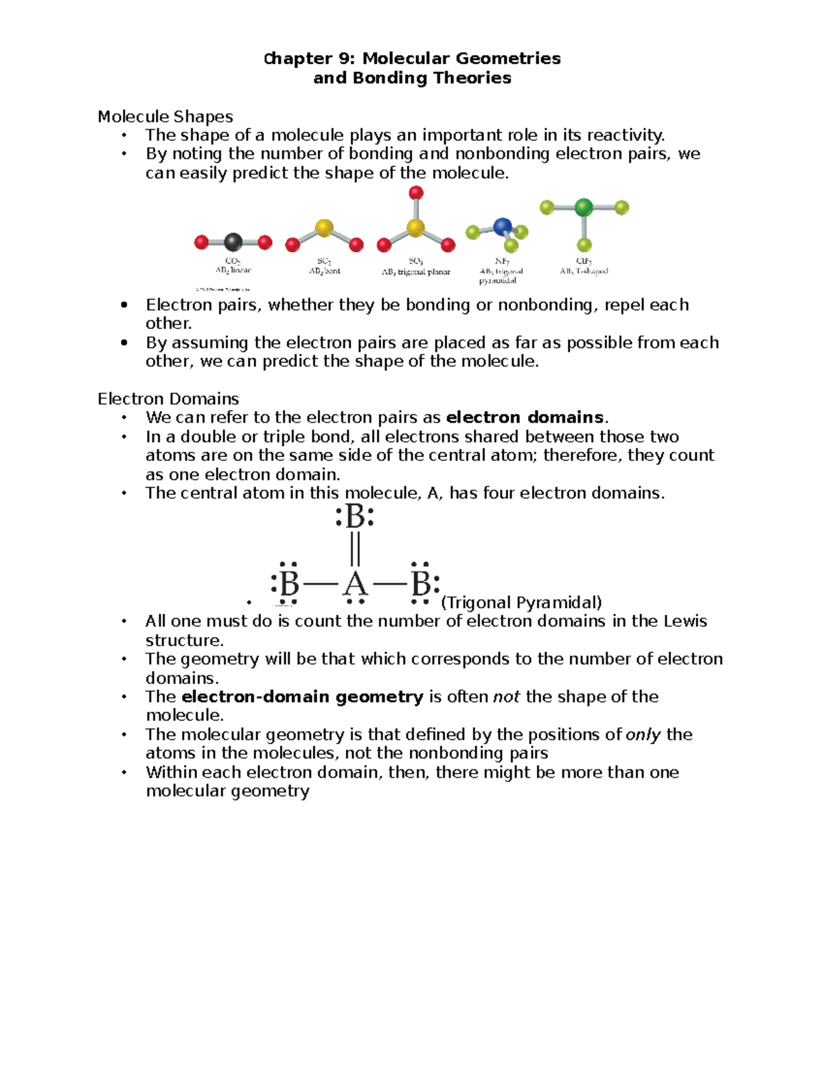 Chem Chapter 9 Notes - Chapter 9: Molecular Geometries And Bonding ...