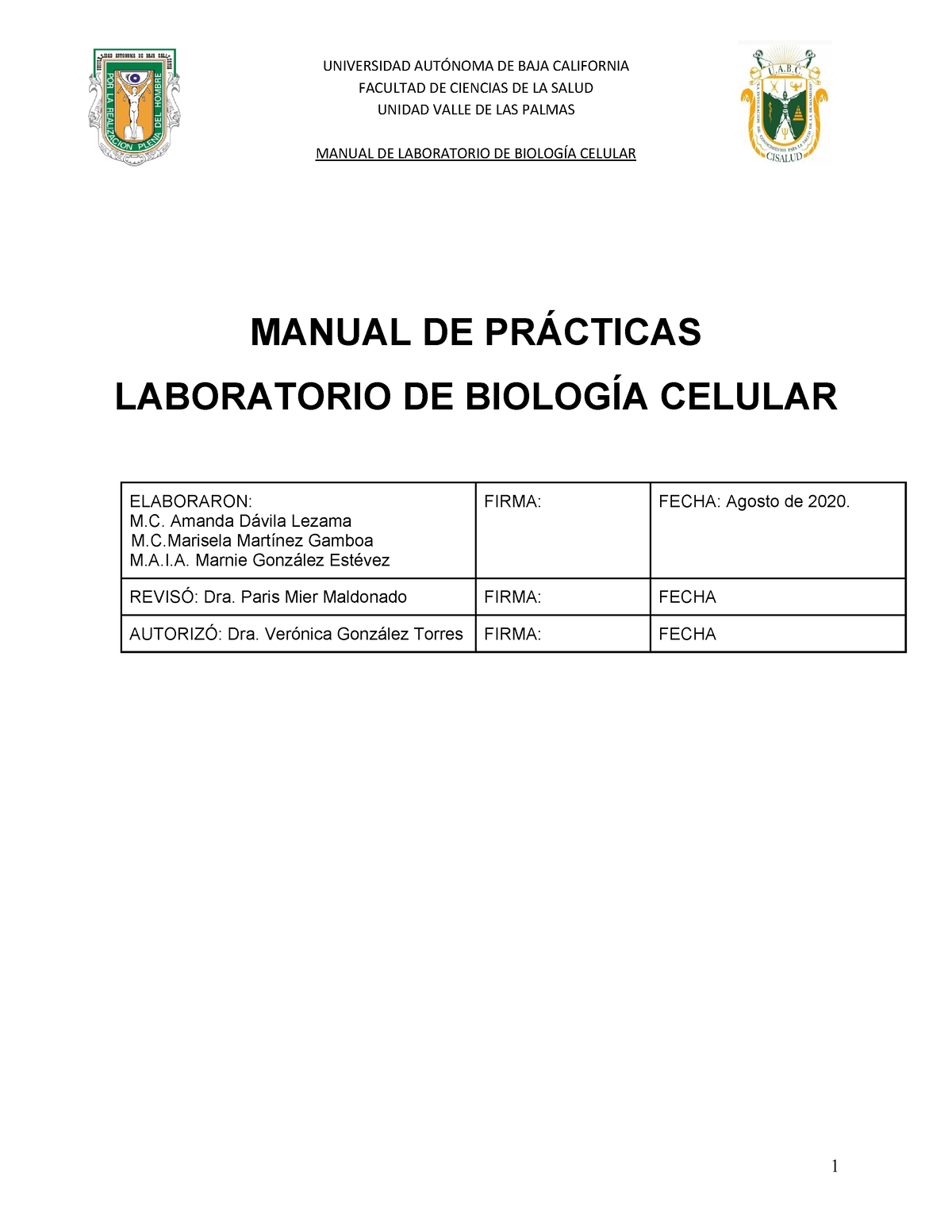 Manual Lab Biologia - FACULTAD DE CIENCIAS DE LA SALUD UNIDAD VALLE DE ...