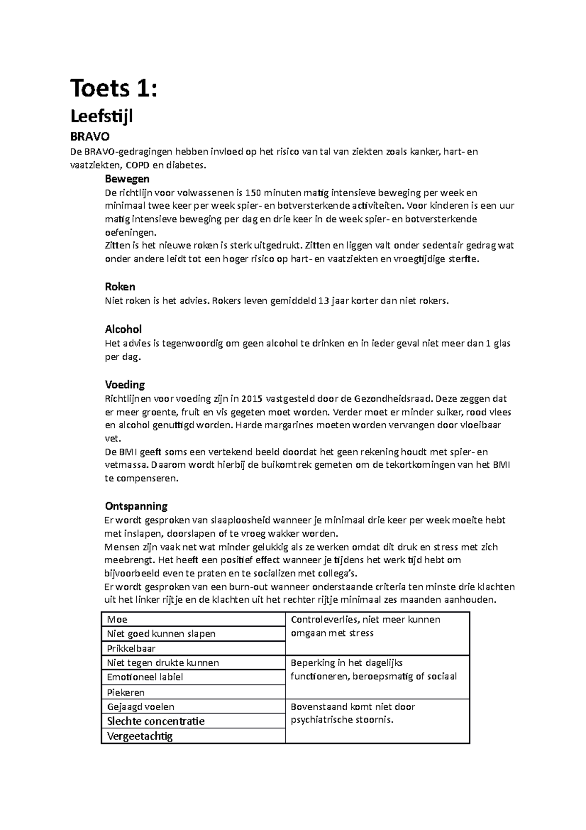 Samenvatting - Toets 1: Leefstijl BRAVO De Hebben Invloed Op Het Risico ...