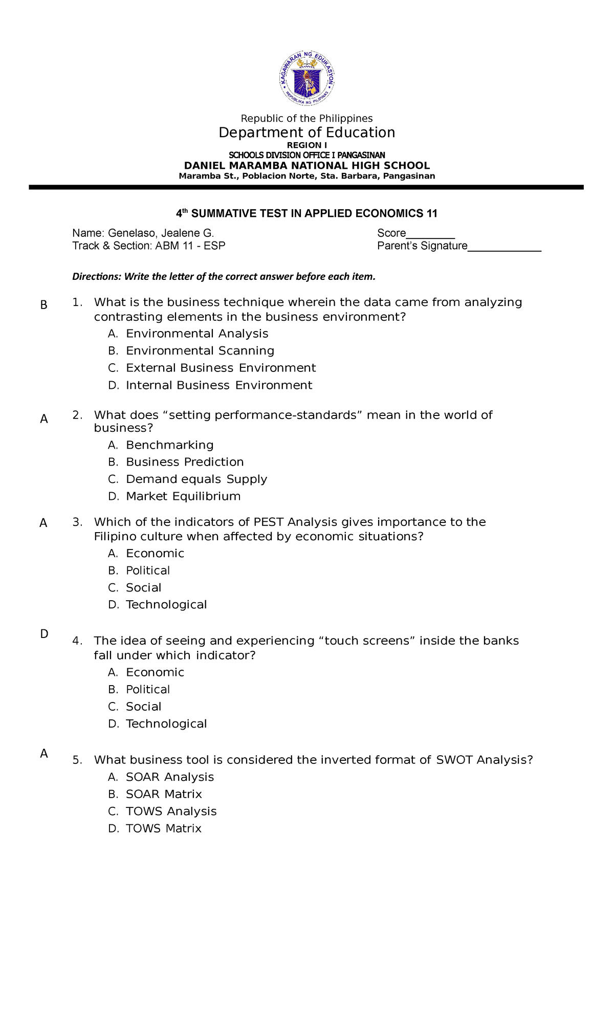 4th summative applied economics definition - Republic of the ...